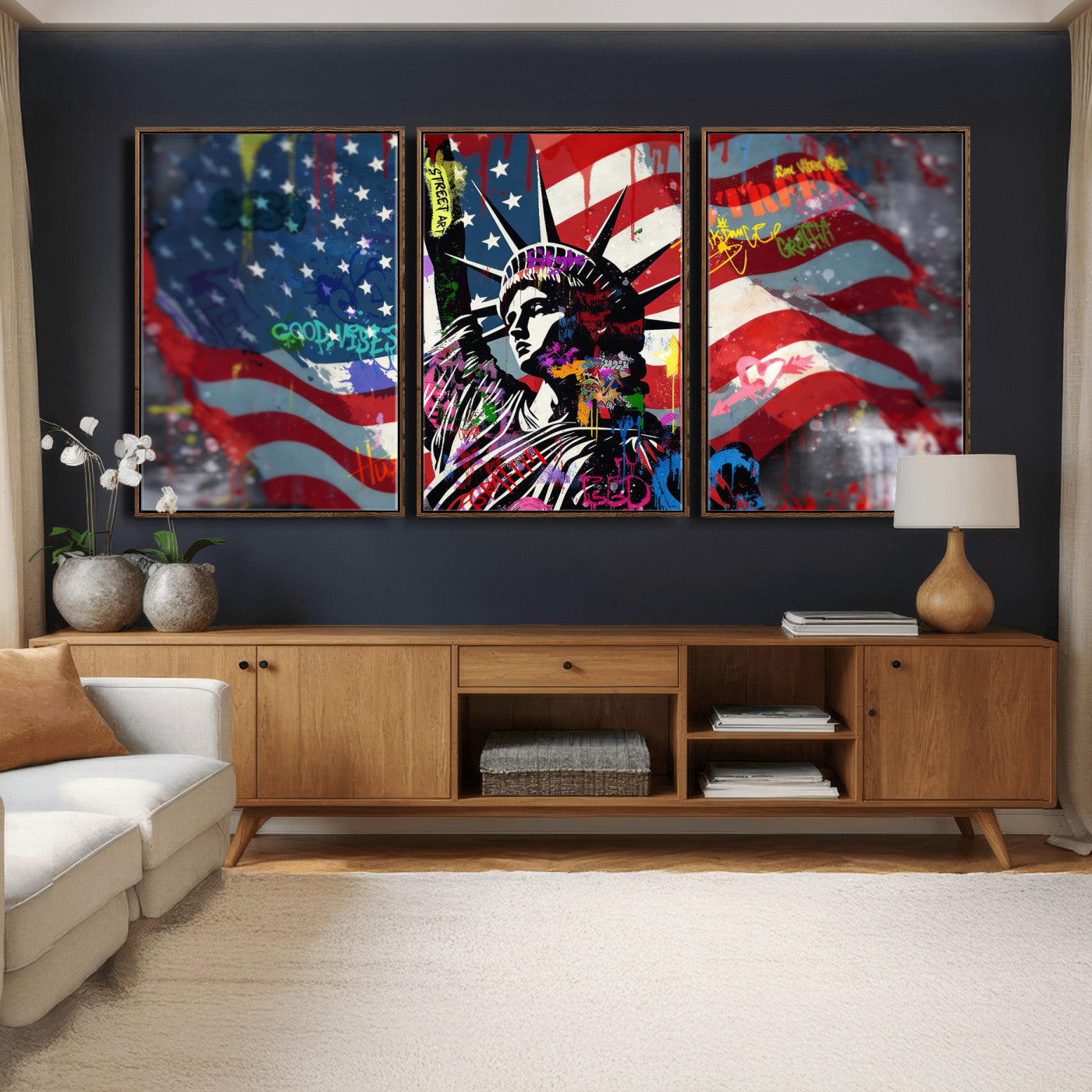 32151941-MGV-CV-36X24 - USA Statue of Liberty Graffiti Street Art Wall Art Canvas Print, American Flag Urban Pop Art Canvas Print, Modern Patriotic Street Art Contemporary Art Printing