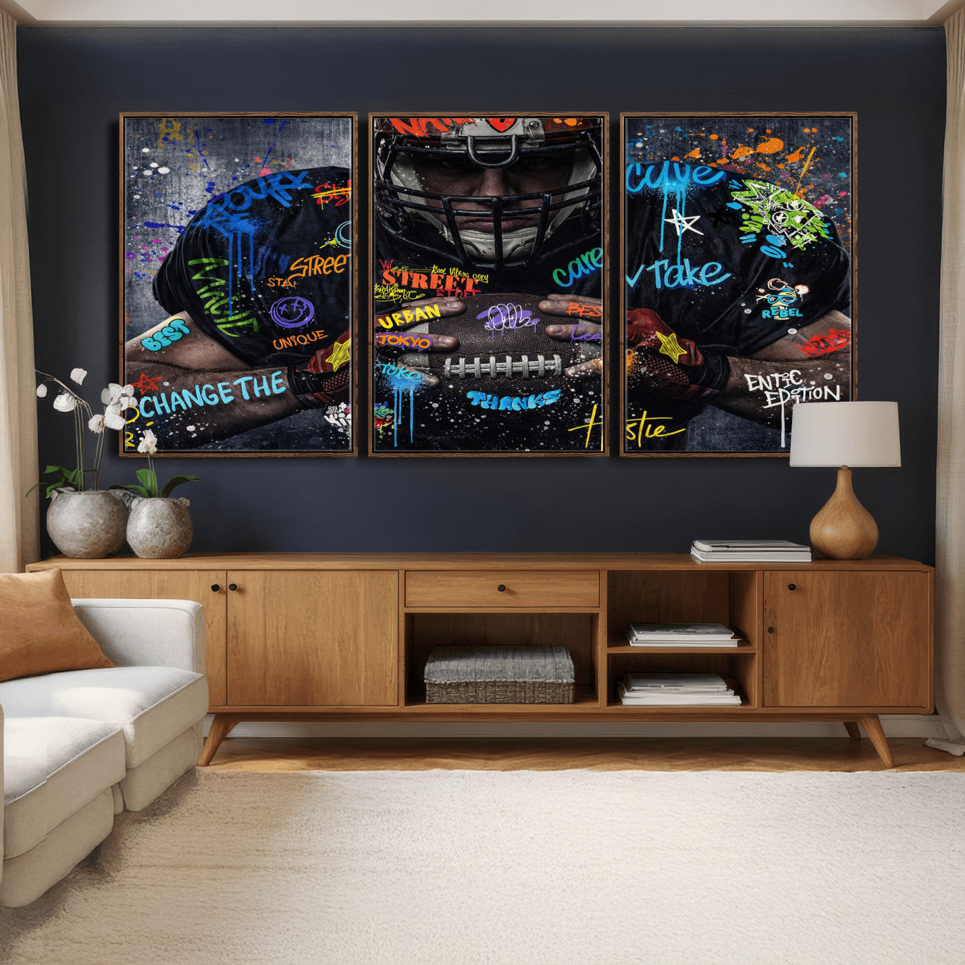 55267256-MGV-CV-36X24 - Graffiti American Football Player Street Art Wall Art Canvas Print, Urban Sports Pop Art Football Canvas Print, Modern Athletic Graffiti Contemporary Art Printing