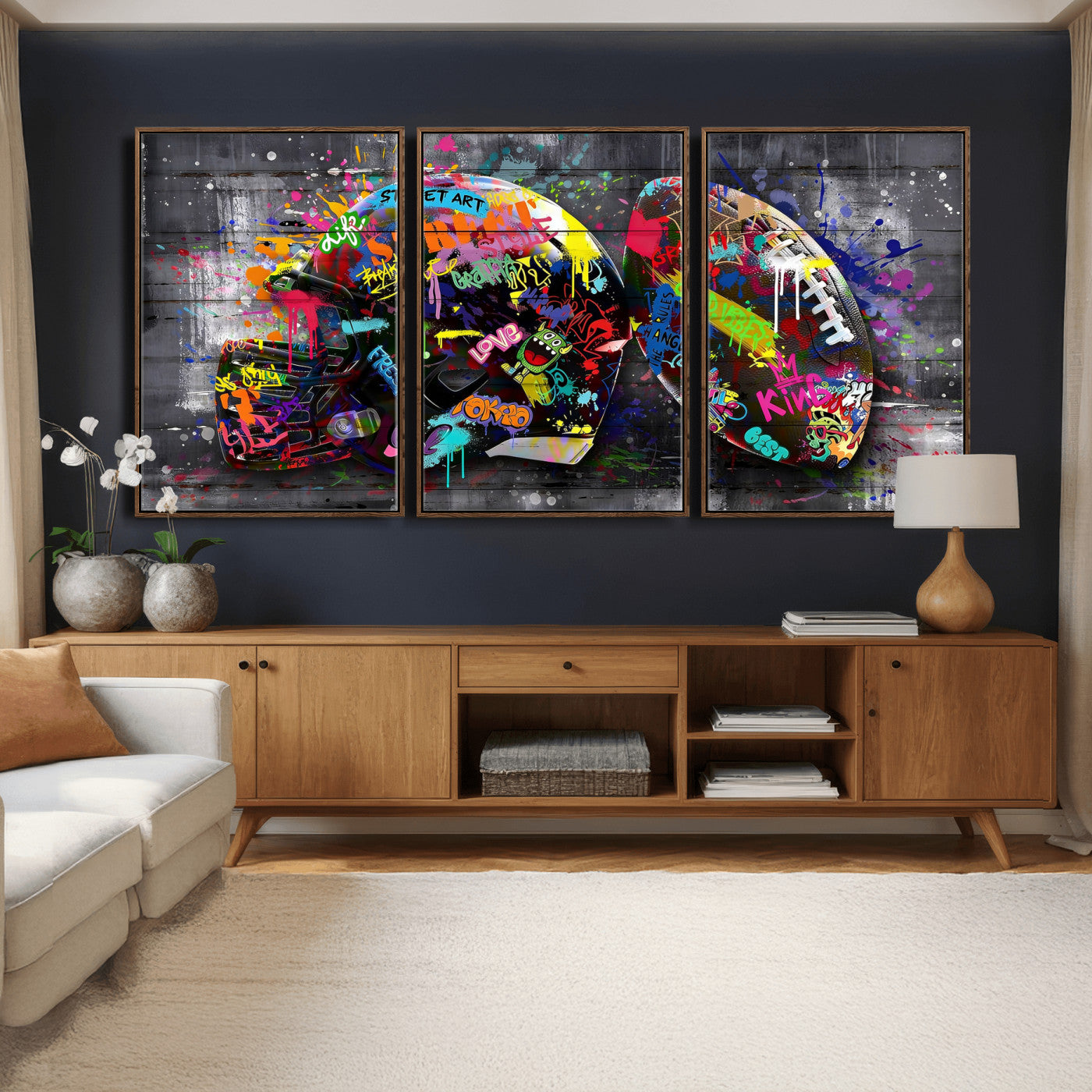 80540773-MGV-CV-36X24 - Graffiti American Football Helmet Street Art Wall Art Canvas Print, Urban Sports Pop Art Football Canvas Print, Colorful Graffiti Sports Contemporary Art Printing