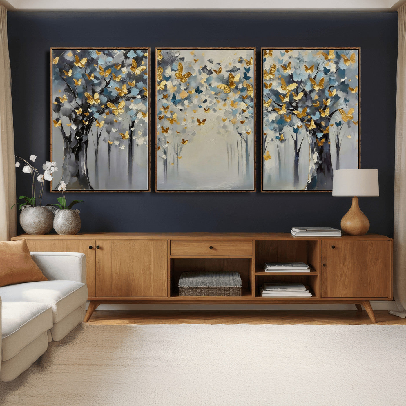 79208191-MGV-CV-36X24 - Golden Butterfly Tree Abstract Wall Art Canvas Print, Modern Elegant Nature Painting Canvas Print, Blue Gold Contemporary Floral Art Printing
