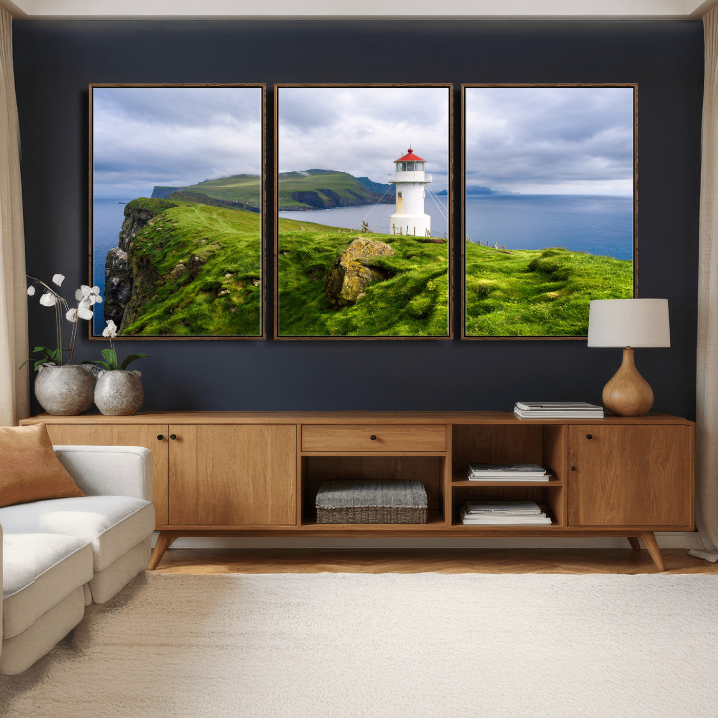 10680390-MGV-CV-36X24 - Coastal Lighthouse Wall Art Canvas Print, Cliffside Ocean Landscape Canvas Print, Scandinavian Coastal Decor for Living Room