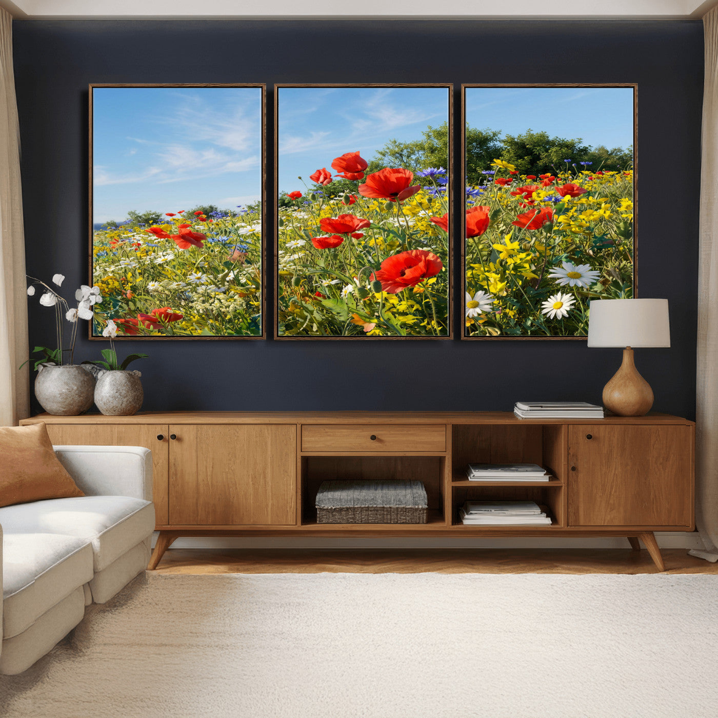 38570784-MGV-CV-36X24 - Wildflower Meadow Wall Art Canvas Print – Colorful Poppy and Daisy Field Landscape Artwork for Living Room Decor