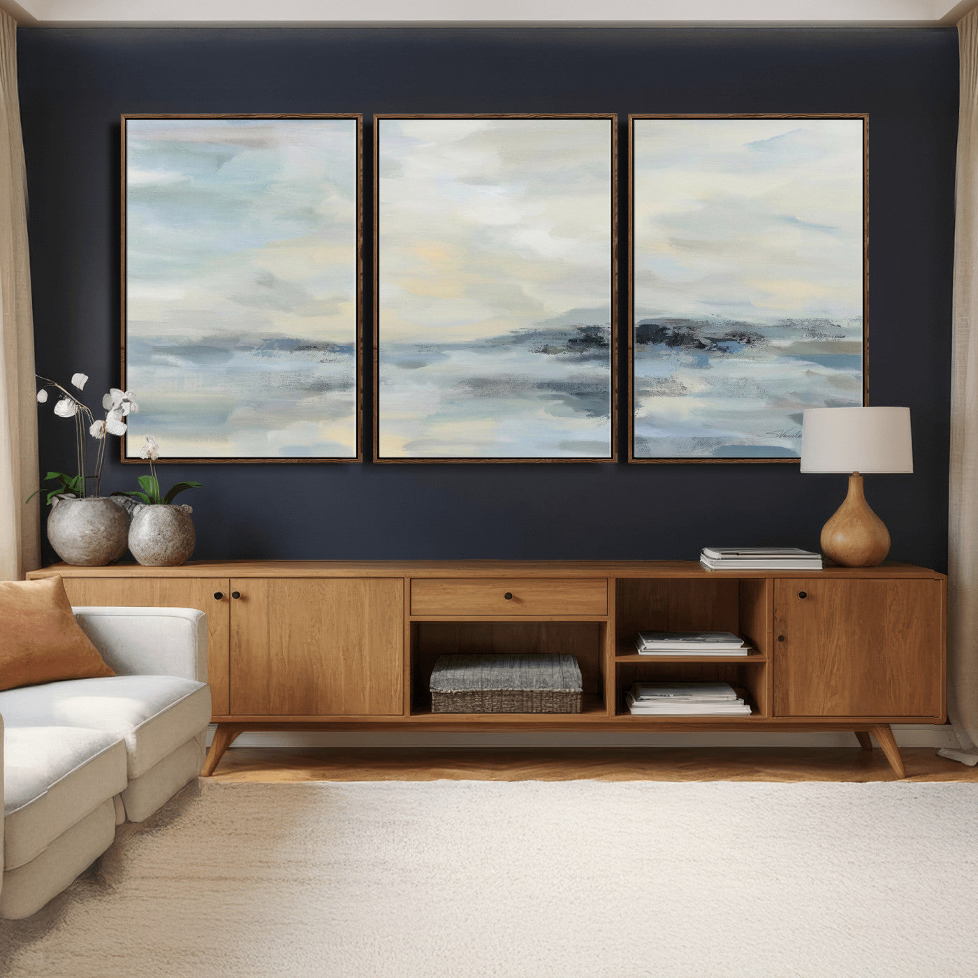 24647355-MGV-CV-36X24 - Abstract Coastal Landscape Wall Art Canvas Print – Soft Blue Gray Minimalist Painting