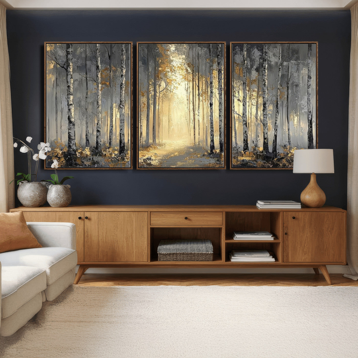 41017042-MGV-CV-36X24 - Abstract Birch Forest Wall Art Canvas Print – Modern Neutral Woodland Landscape Artwork for Living Room Decor