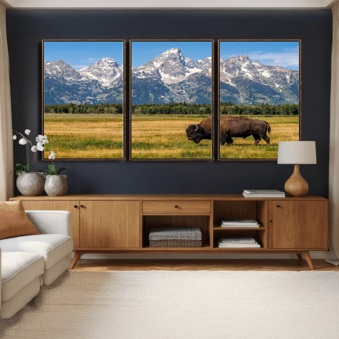20424529-MGV-CV-36X24 - Bison in Mountain Landscape Wall Art Canvas Print – Western Wildlife Artwork for Rustic Living Room Decor