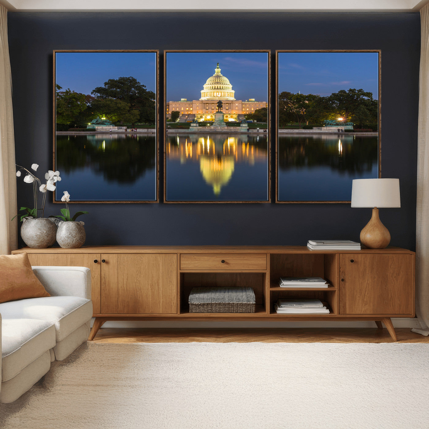95568590-MGV-CV-36X24 - US Capitol Building Wall Art Canvas Print – Washington DC Landmark Night Reflection Artwork for Office Decor