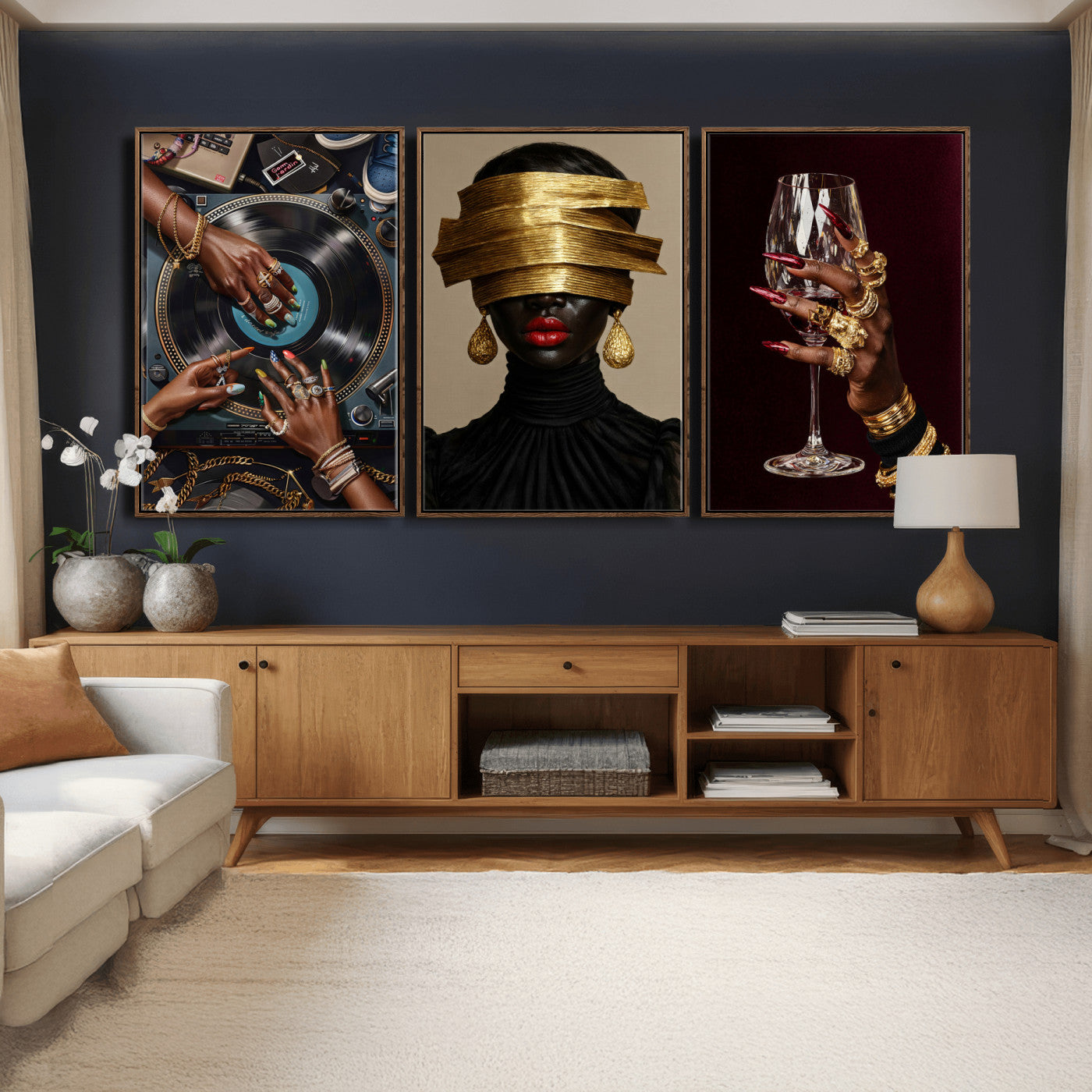 8151788S6-MGV-CV-60X30-3P - Luxury Fashion Wall Art Canvas Print Set of 3, Gold Jewelry Portrait Triptych, Glam Black Woman Modern Artwork