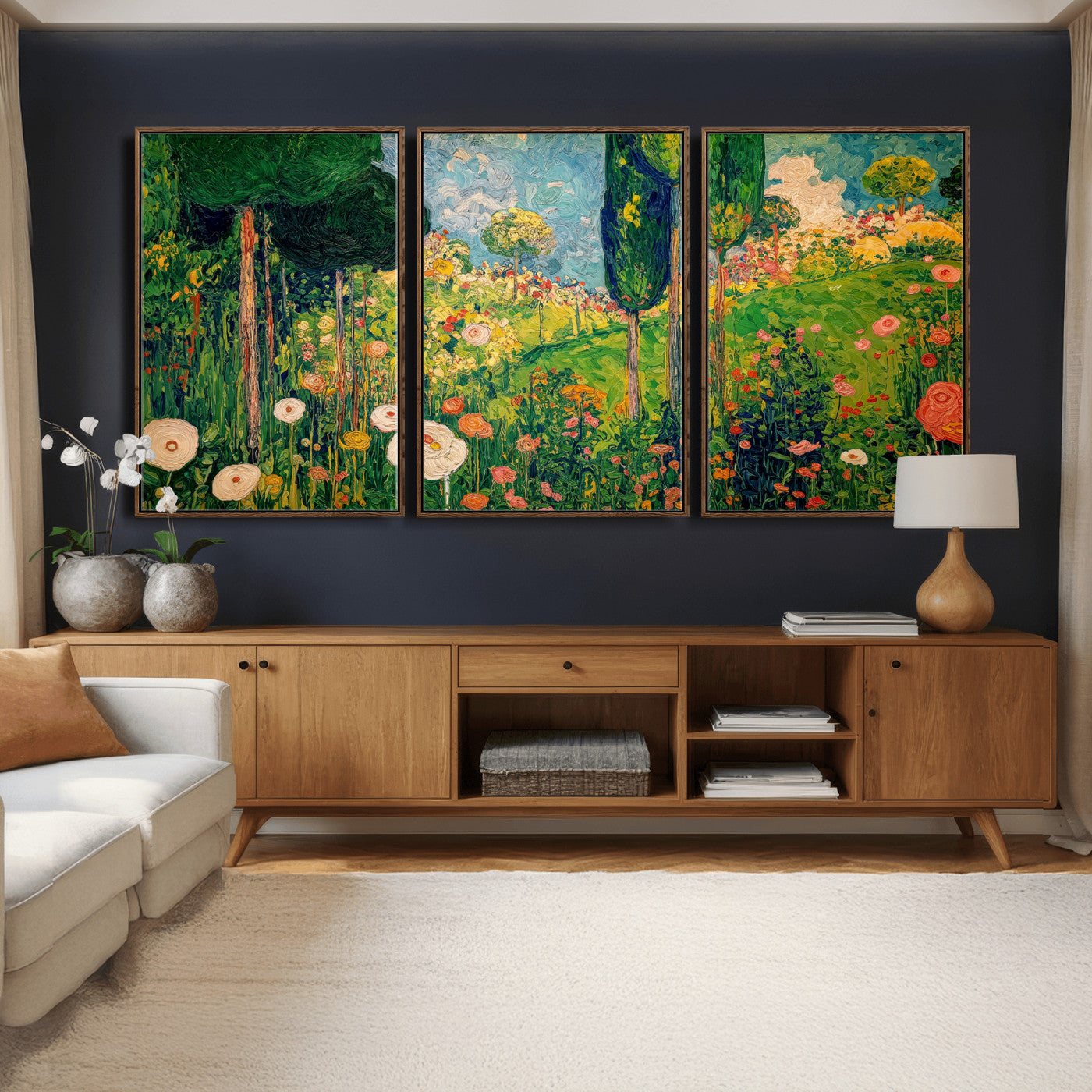 83517974-MGV-CV-36X24 - Gustav Klimt Boho Mountain Landscape Large Wall Art, Horizontal Gold Framed Canvas Print with Sun and Flowers