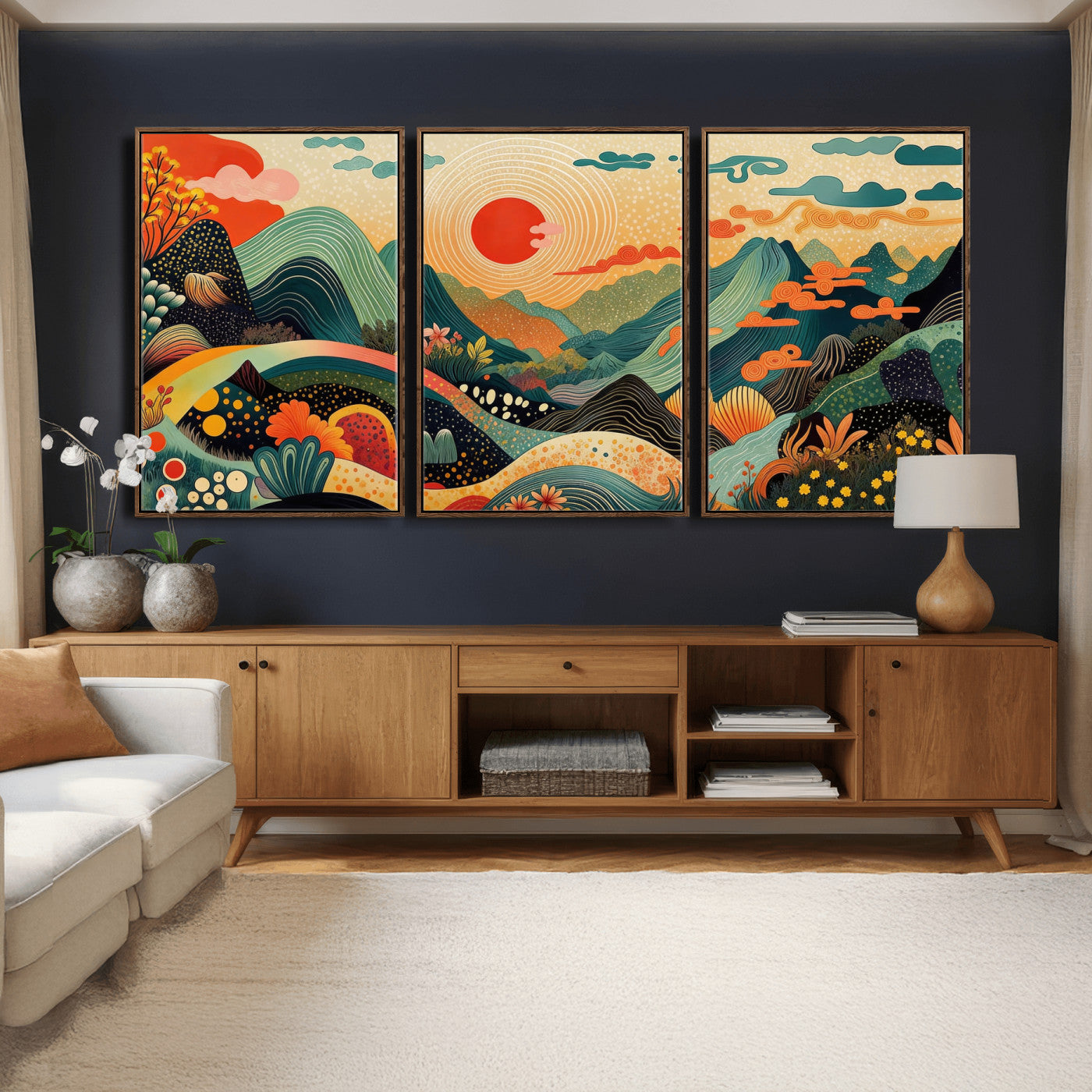 29927191-MGV-CV-36X24 - Yayoi Kusama Boho Mountain Landscape Large Wall Art, Horizontal Gold Framed Canvas Print with Sun and Flowers