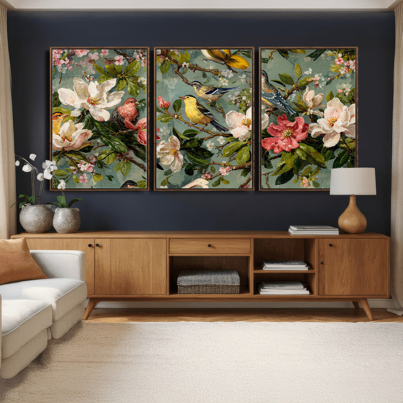77883606-MGV-CV-36X24 - Vintage Birds and Flowers Wide Wall Art: Extra Large Panoramic Botanical Print
