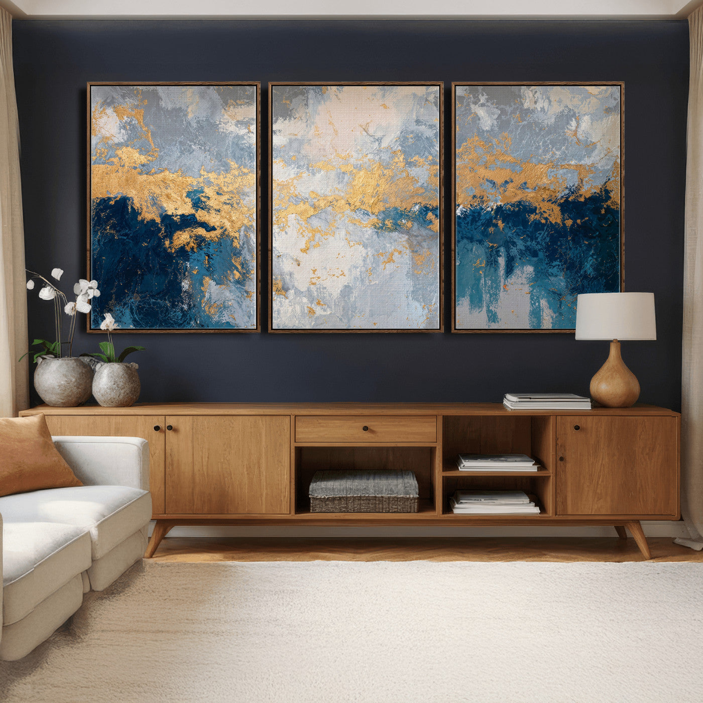 65386119-MGV-CV-36X24 - Blue Gold Abstract Large Framed Canvas Wall Art, Modern Luxury Painting Print in Horizontal Oversized Minimal Wall Decor Artwork