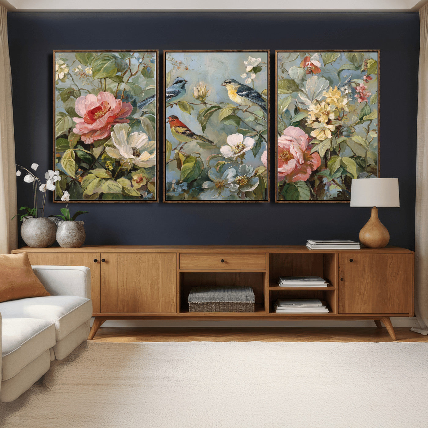 55440837-MGV-CV-36X24 - Vintage Birds and Flowers Wall Art Canvas Print, Botanical Bird Painting Canvas Print, Floral Garden Bird Artwork Canvas Print, Classic Bird Flower Painting Canvas Print