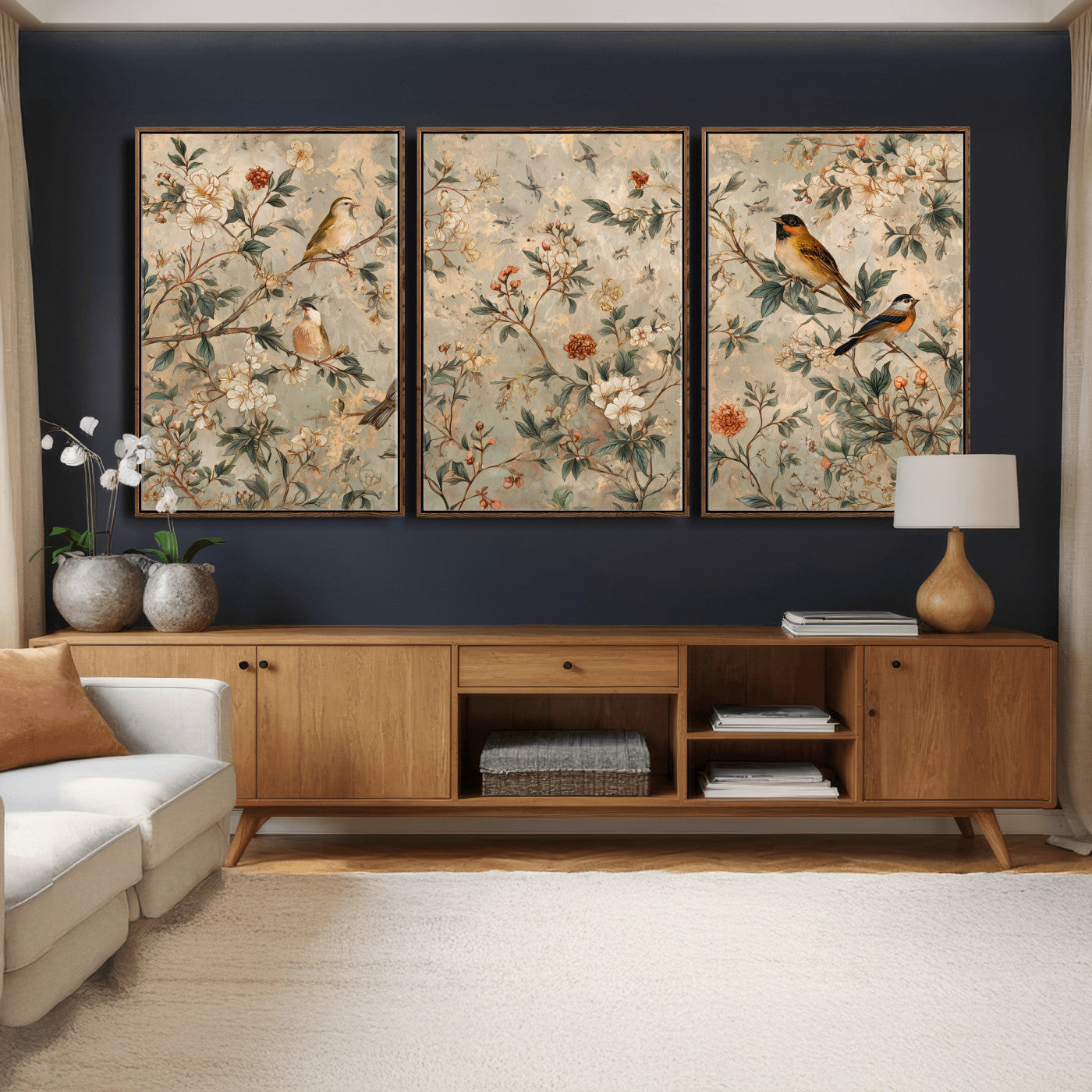 76588438-MGV-CV-36X24 - Vintage Birds and Flowers Wall Art Canvas Print, Botanical Bird Painting Canvas Print, Floral Garden Bird Artwork Canvas Print, Classic Bird Flower Painting Canvas Print