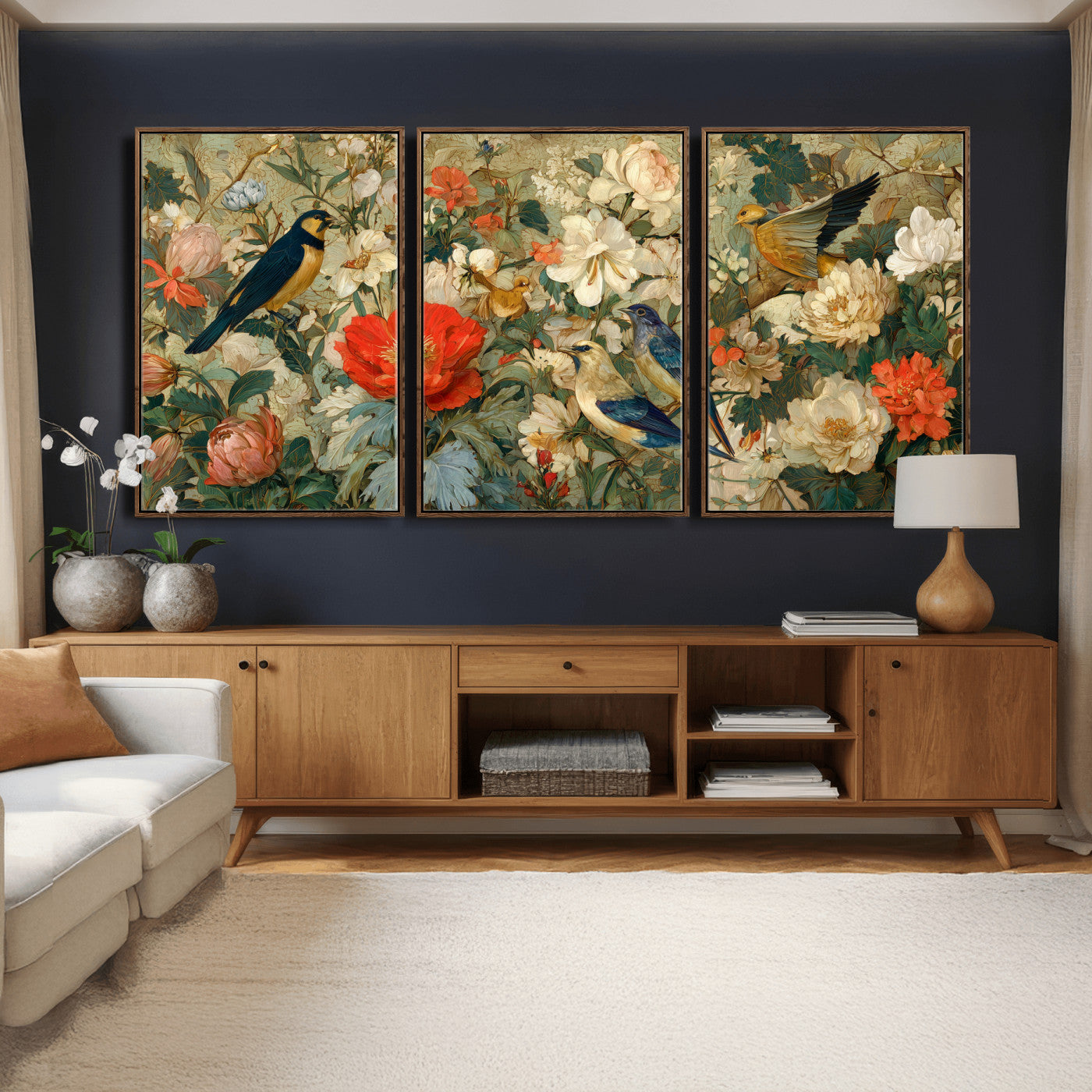 52904757-MGV-CV-36X24 - Vintage Birds and Flowers Wall Art Canvas Print, Botanical Bird Painting Canvas Print, Floral Garden Bird Artwork Canvas Print, Classic Bird Flower Painting Canvas Print