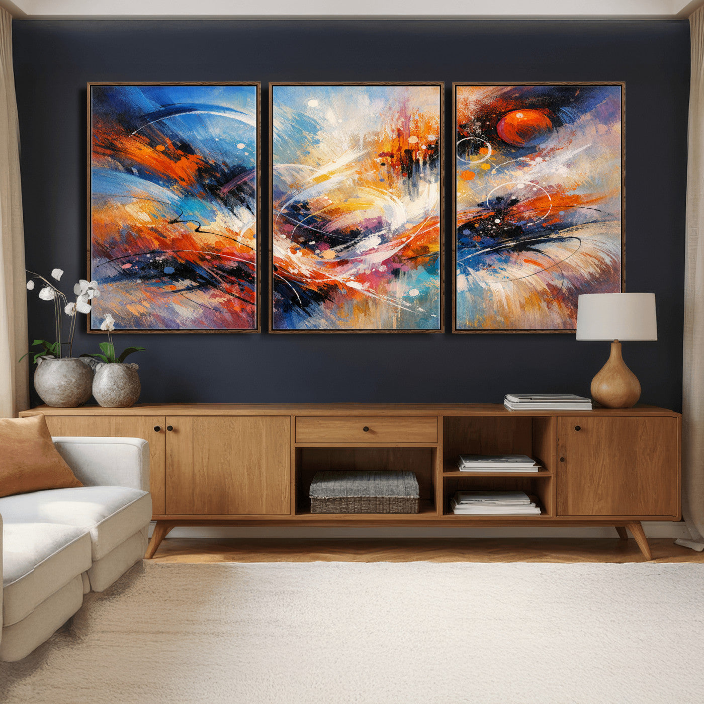 47770355-MGV-CV-36X24 - Geometric Abstract Wall Art Canvas Print, Orange Blue Abstract Expressionist Painting Print, Modern Geometric Abstract Canvas Art