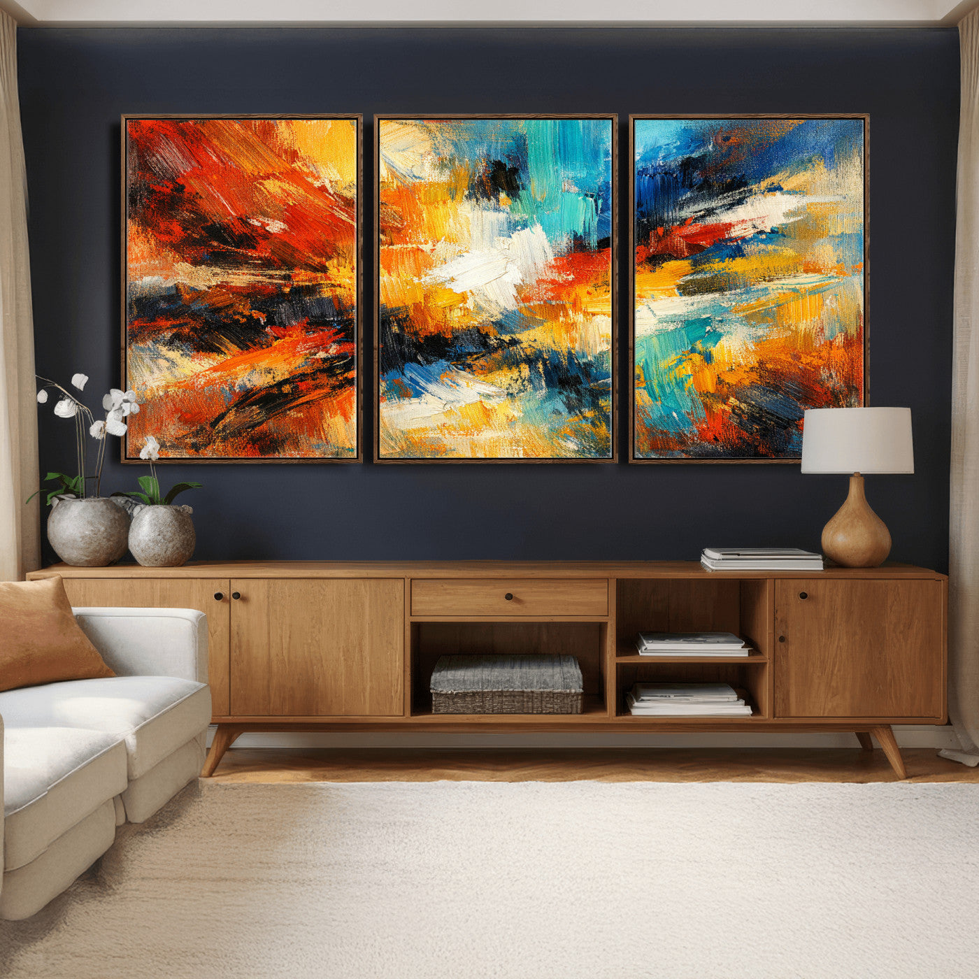 93167583-MGV-CV-36X24 - Geometric Abstract Wall Art Canvas Print, Orange Blue Abstract Expressionist Painting Print, Modern Geometric Abstract Canvas Art