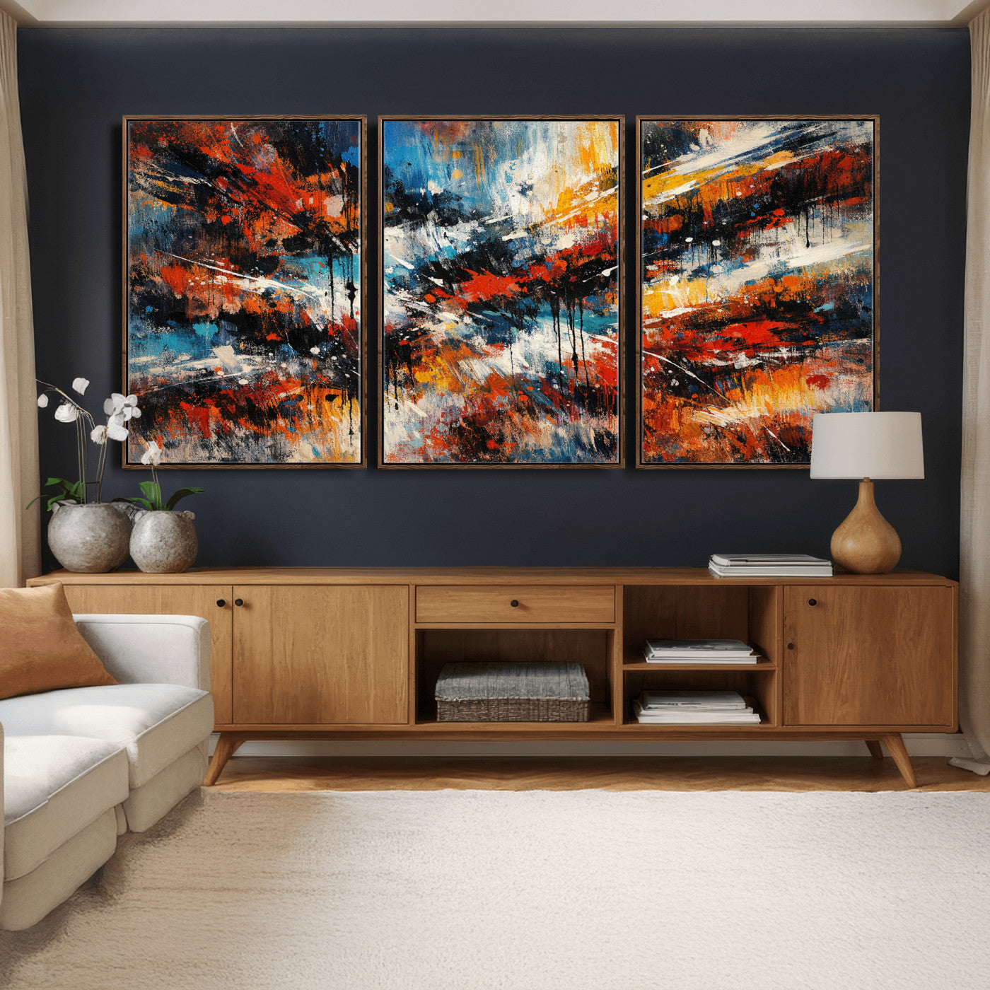 80276069-MGV-CV-36X24 - Geometric Abstract Wall Art Canvas Print, Orange Blue Abstract Expressionist Painting Print, Modern Geometric Abstract Canvas Art