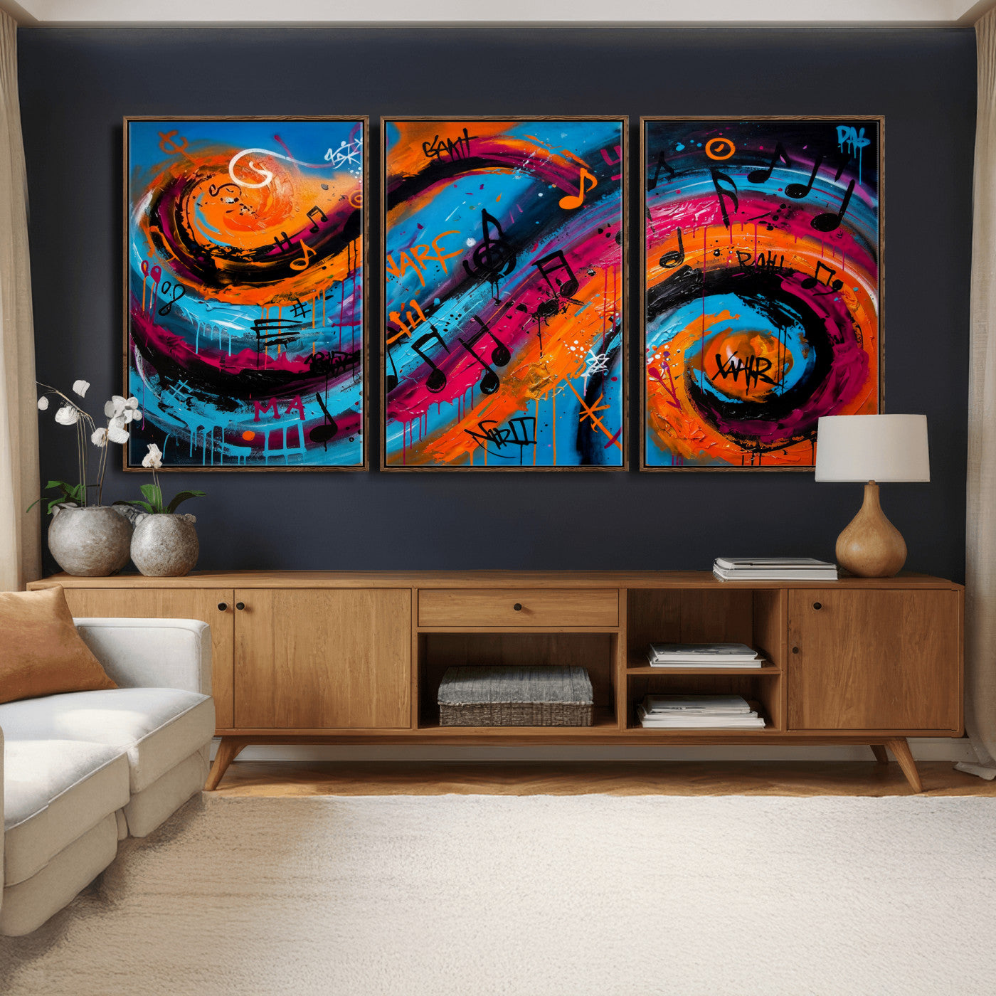 34936518-MGV-CV-36X24 - Geometric Abstract Wall Art Canvas Print, Orange Blue Abstract Expressionist Painting Print, Modern Geometric Abstract Canvas Art