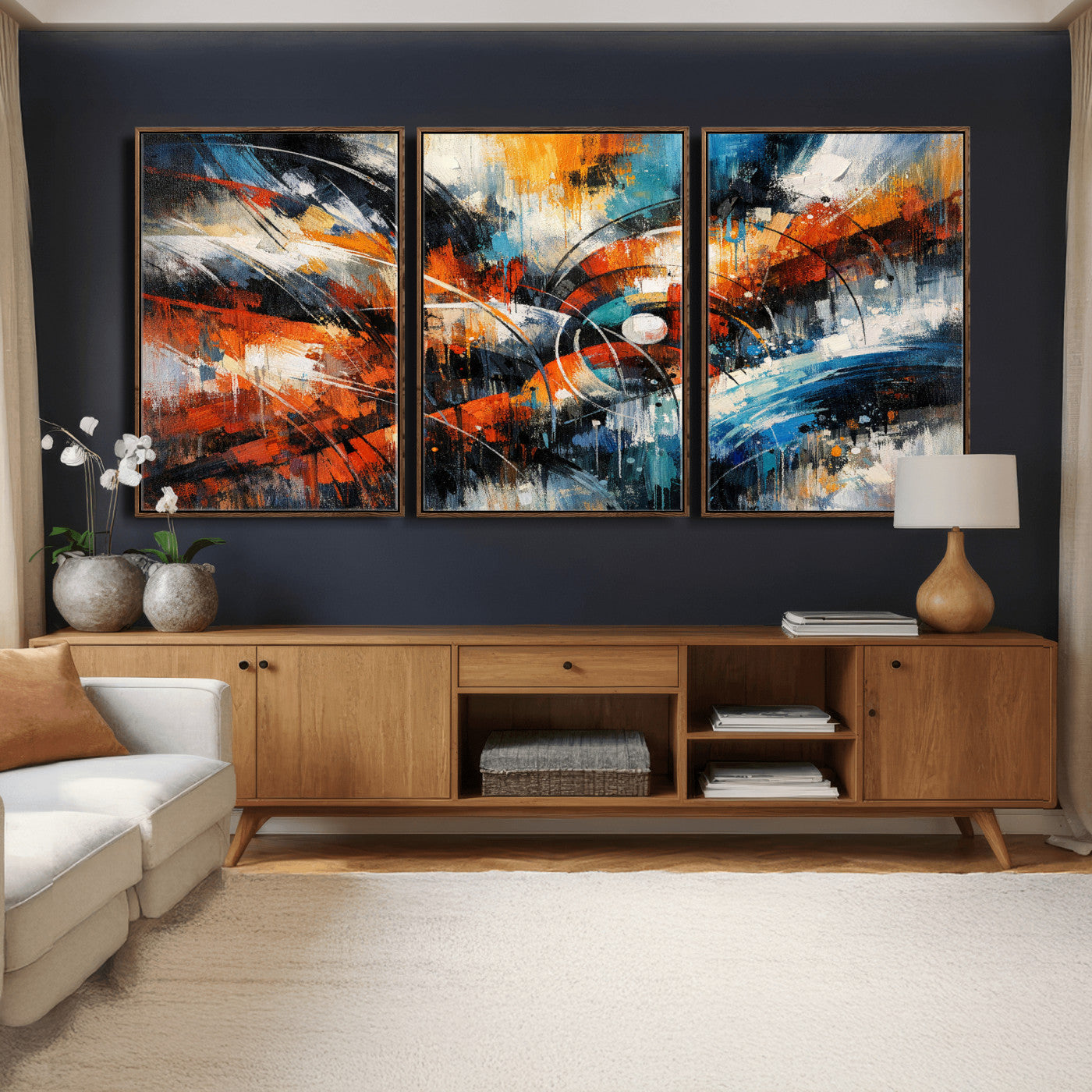 47120691-MGV-CV-36X24 - Geometric Abstract Wall Art Canvas Print, Orange Blue Abstract Expressionist Painting Print, Modern Geometric Abstract Canvas Art
