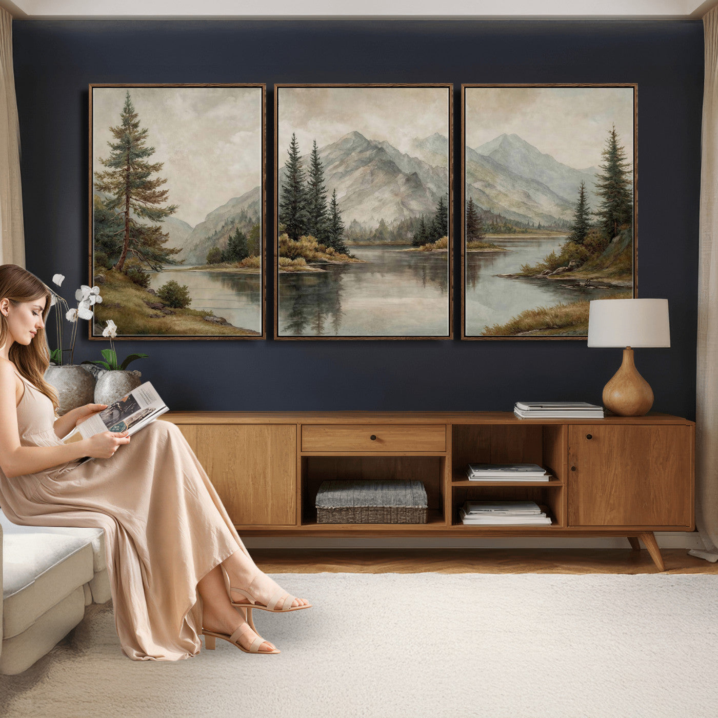 4712069V1-MGV-CV-60X30-3P - Vintage Mountain Landscape Wall Art Canvas Print Set, Rustic Nature Triptych Canvas, Neutral Lake Forest Mountain Wall Decor