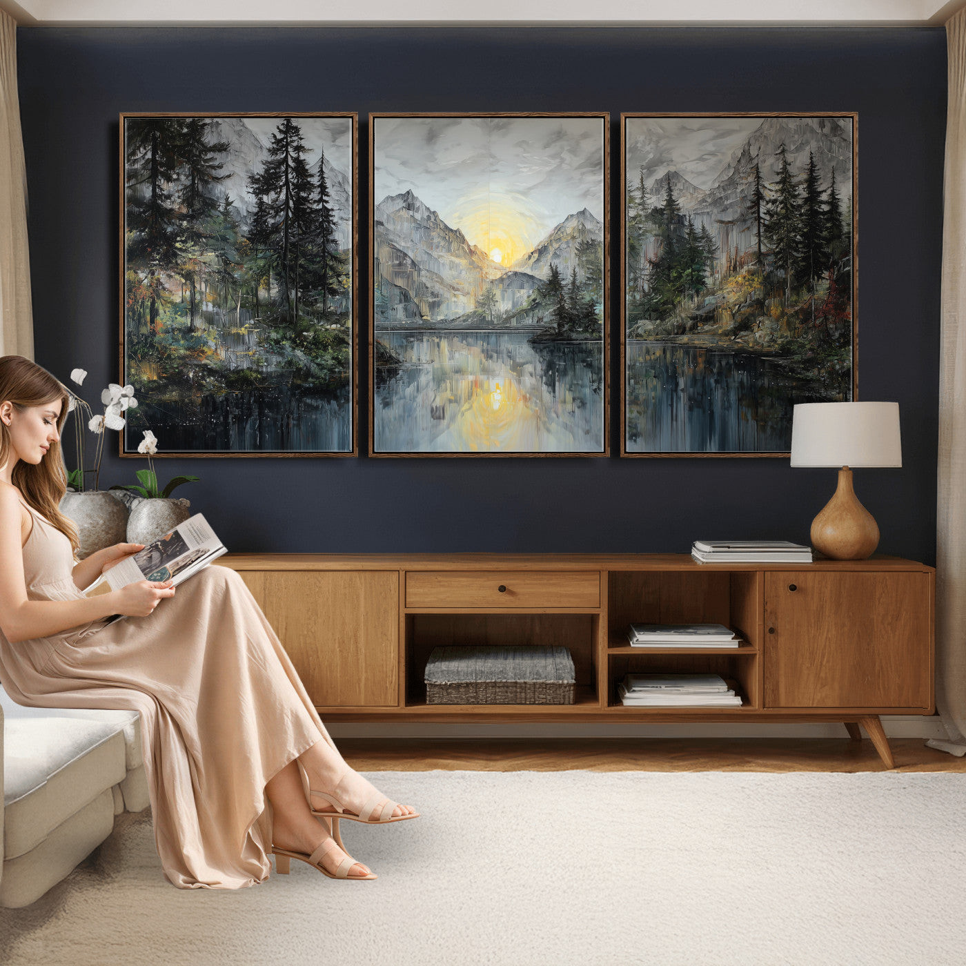 72377107-MGV-CV-60X30-3P - Drip Style Forest Lake Gold Art — Abstract Expressionist Mountain Print | Grey Pine Tree Canvas | Moody Nature Wall Decor | Large Panoramic Art