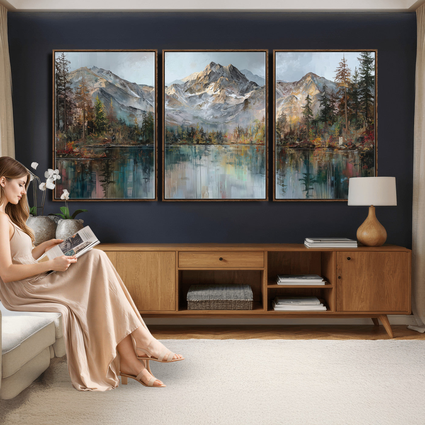 15527546-MGV-CV-60X30-3P - Drip Style Forest Lake Gold Art — Abstract Expressionist Mountain Print | Grey Pine Tree Canvas | Moody Nature Wall Decor | Large Panoramic Art