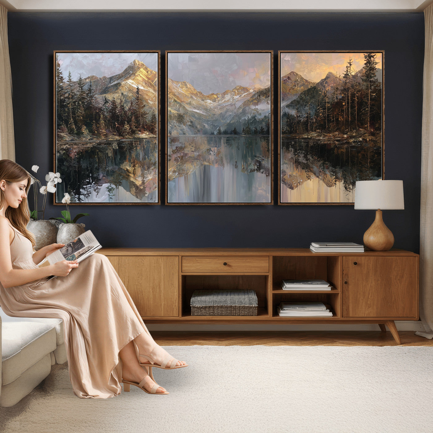 37675699-MGV-CV-60X30-3P - Drip Style Forest Lake Gold Art — Abstract Expressionist Mountain Print | Grey Pine Tree Canvas | Moody Nature Wall Decor | Large Panoramic Art