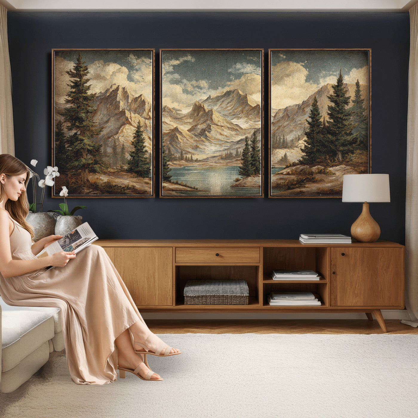 62093020-MGV-CV-60X30-3P - Drip Style Forest Lake Gold Art — Abstract Expressionist Mountain Print | Grey Pine Tree Canvas | Moody Nature Wall Decor | Large Panoramic Art