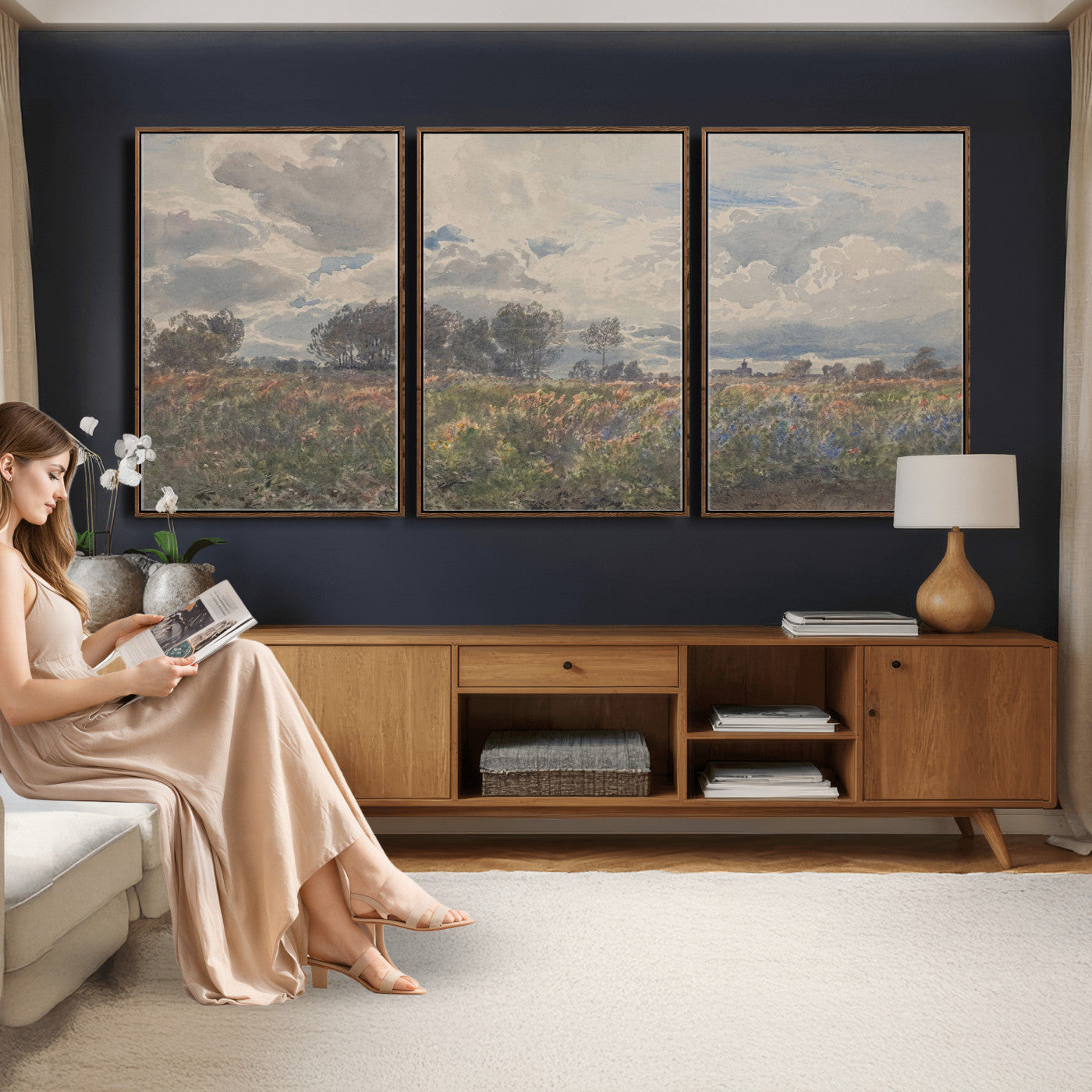 76626885-MGV-CV-36X24 - Vintage Watercolor Meadow Canvas Wall Art — English Pastoral Wildflower Storm Sky Print | Cottagecore Nature Decor | Classic Landscape Gift