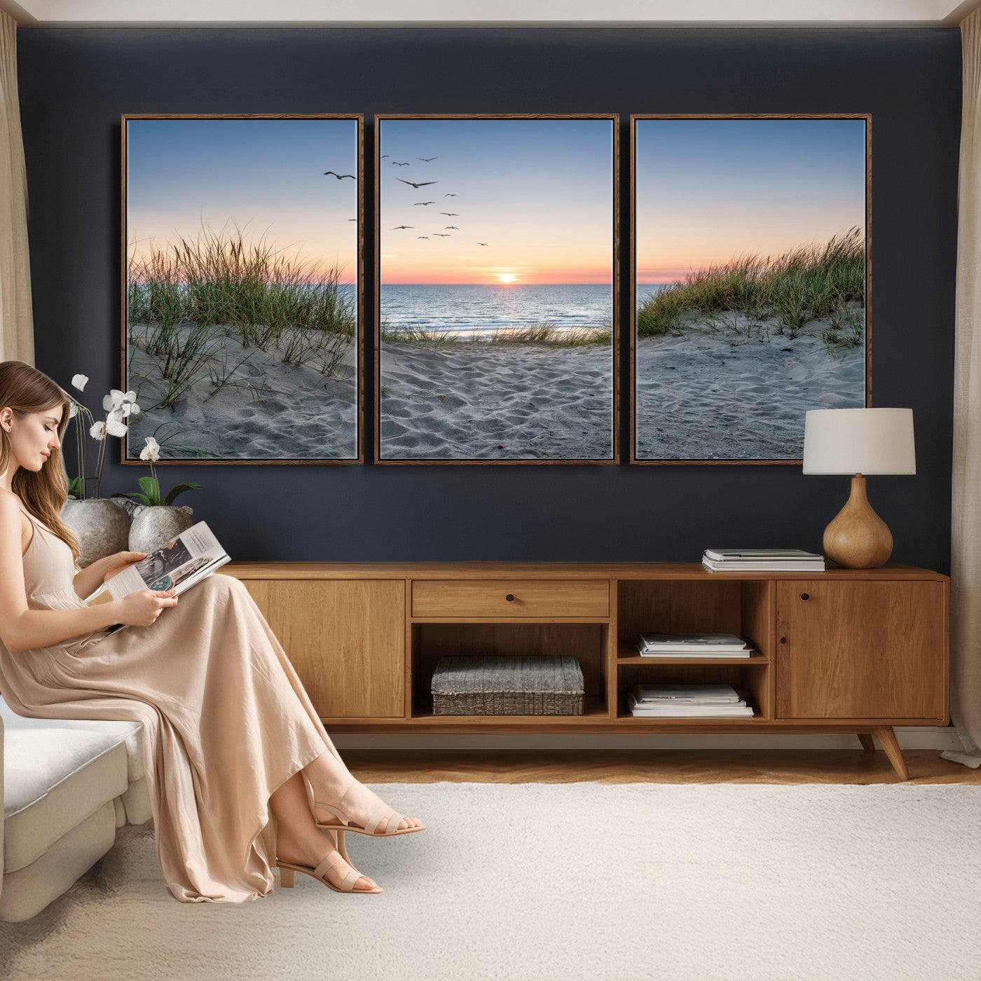 12172032-MGV-CV-36X24 - Sandy Dune Path Sunset Canvas Wall Art — Seagulls Beach Ocean Photography Print | Coastal Home Decor | Nautical Wall Art | Beach House Gift