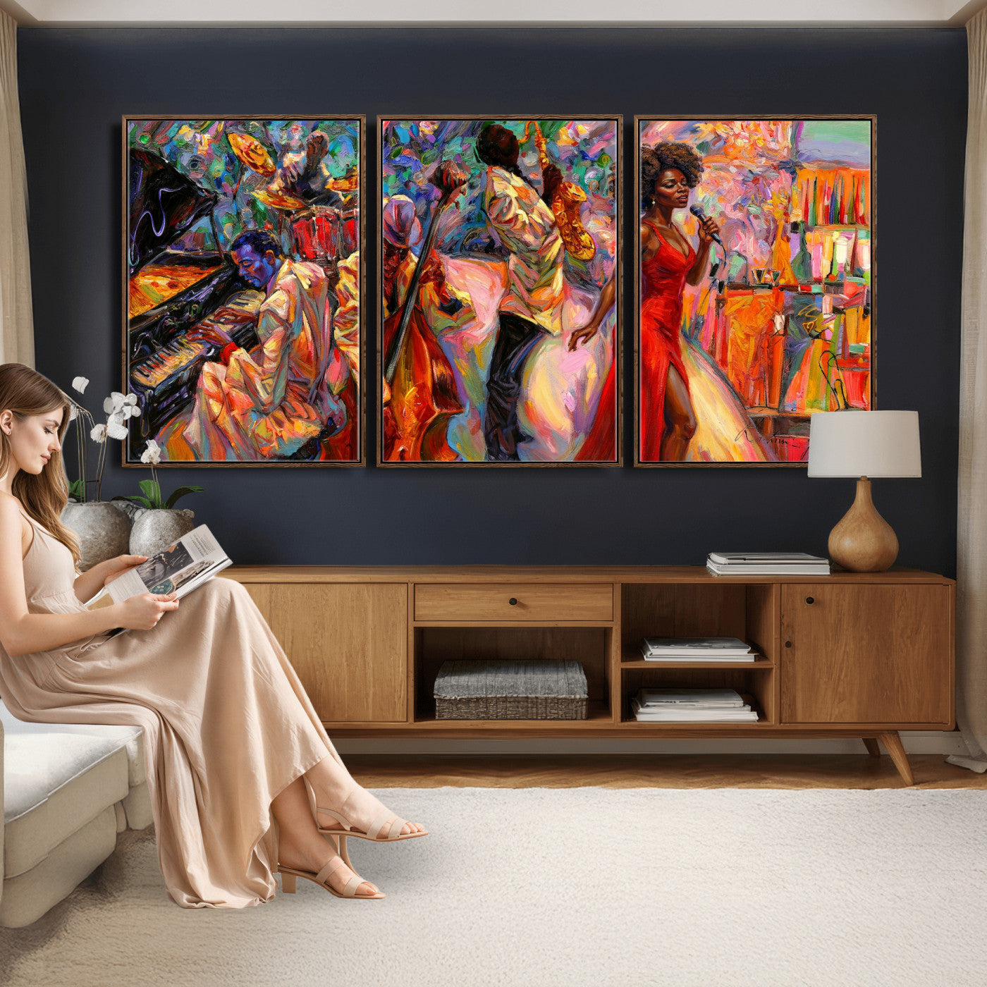 72615137-MGV-CV-36X24 - African American Jazz Singer Canvas Art - Red Dress Black Woman Music Print | Colorful Jazz Band Wall Decor | Living Room Gift for Her