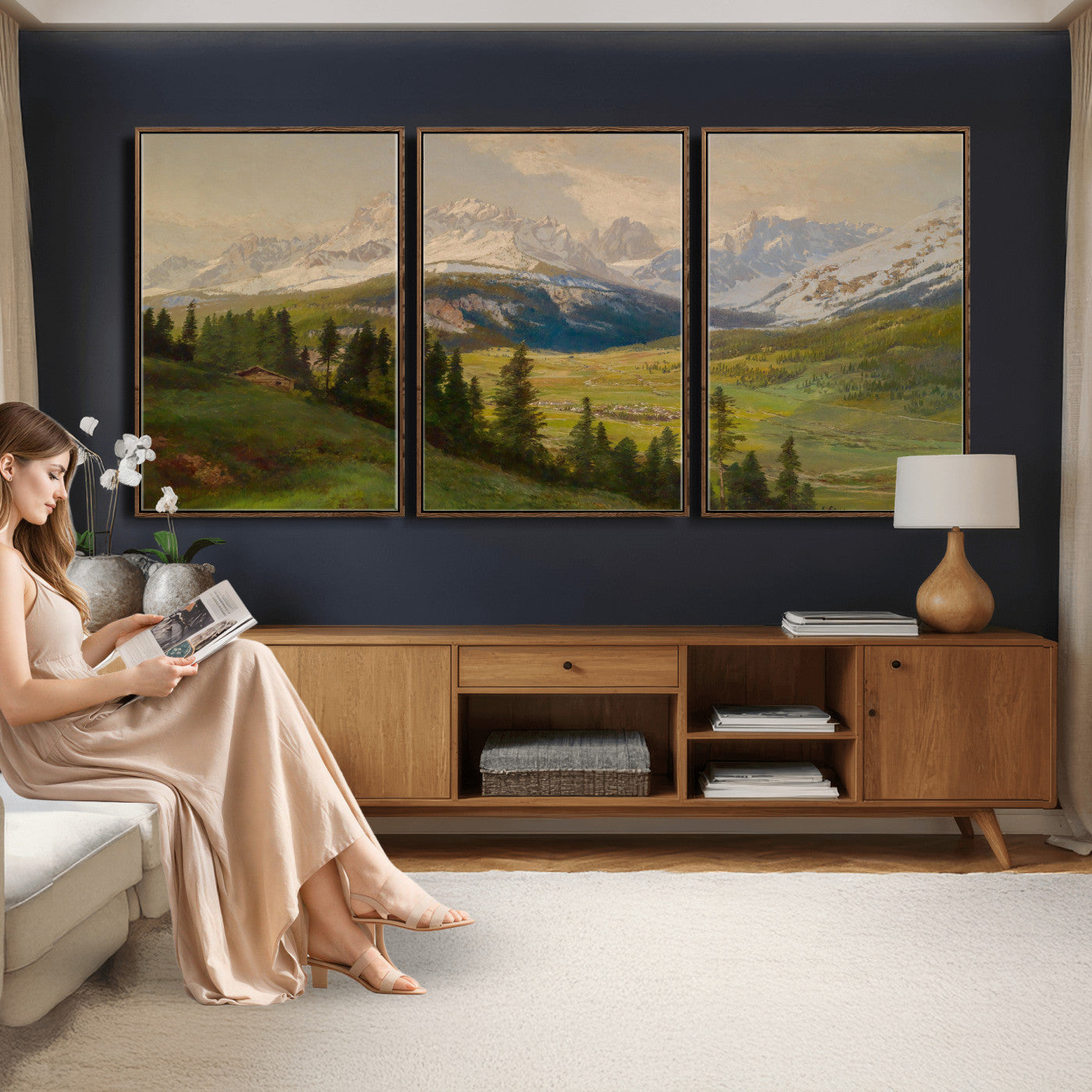 23120262-MGV-CV-36X24 - Konrad Petrides Sexten Village Canvas Print, Alpine Mountain Valley Painting, Dolomites Landscape Art