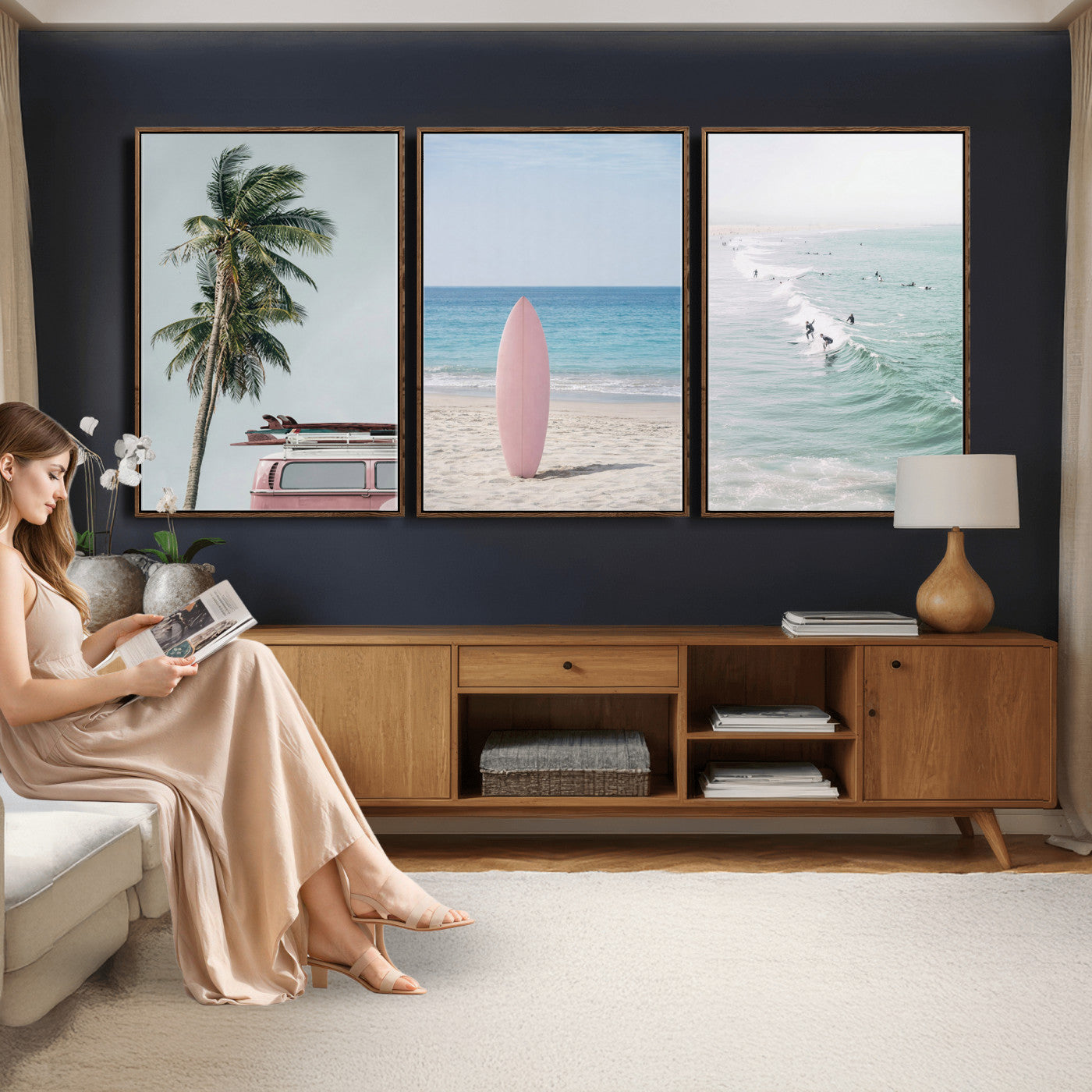 39028765-MGV-CV-60X30-3P - Surf Canvas Wall Art Set, Pink Surfboard VW Van Palm Tree Triptych, Beach House Coastal Decor, Pastel Ocean Photography Print, Boho Surf Decor