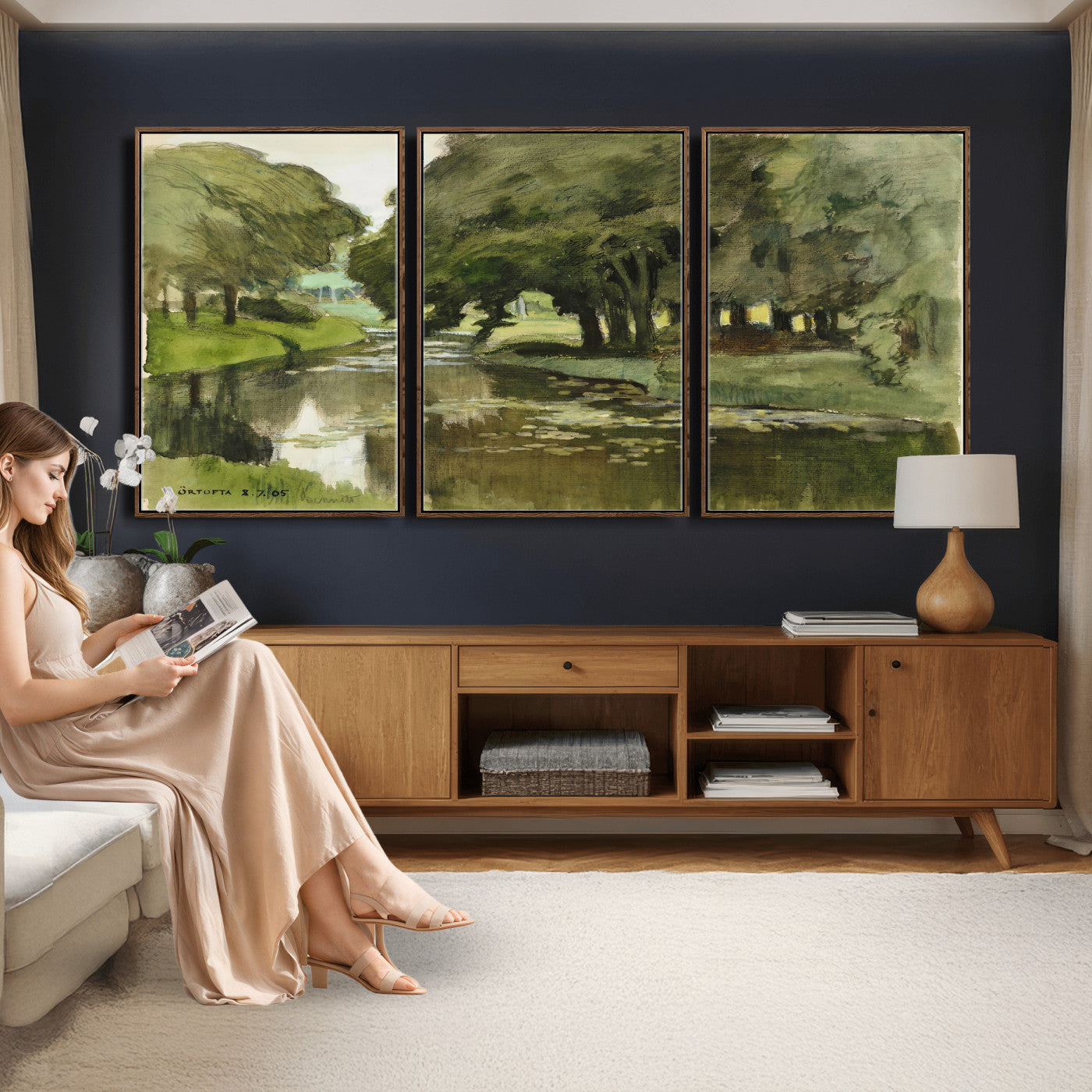 54446767-MGV-CV-36X24 - Anders Zorn Watercolor Canvas Print, Örtofta 1905 Swedish River Landscape, Impressionist Nature Art, Scandinavian Wall Decor, Plein Air Painting Print