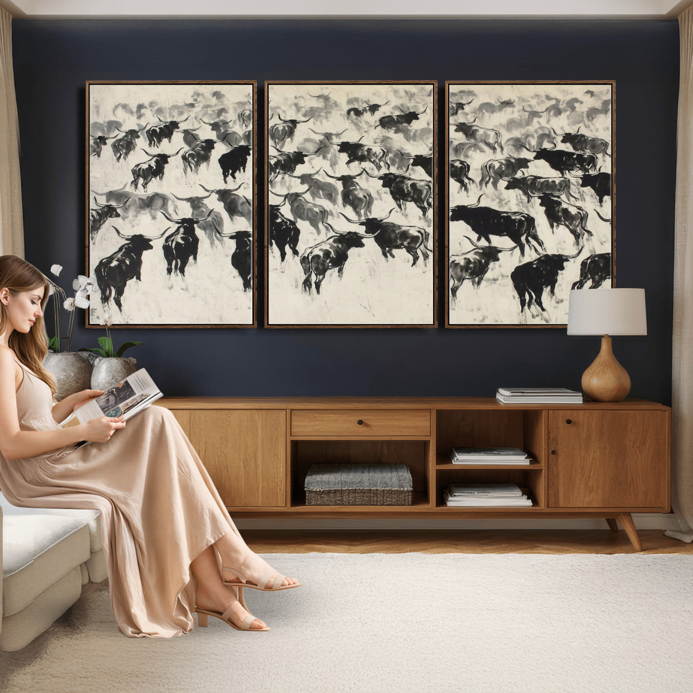 68669792-MGV-CV-36X24 - Longhorn Cattle Canvas Wall Art, Black White Stampede Ink Painting Print, Western Farmhouse Decor, Bull Herd Art, Large Living Room Wall Art, Ranch Home Decor