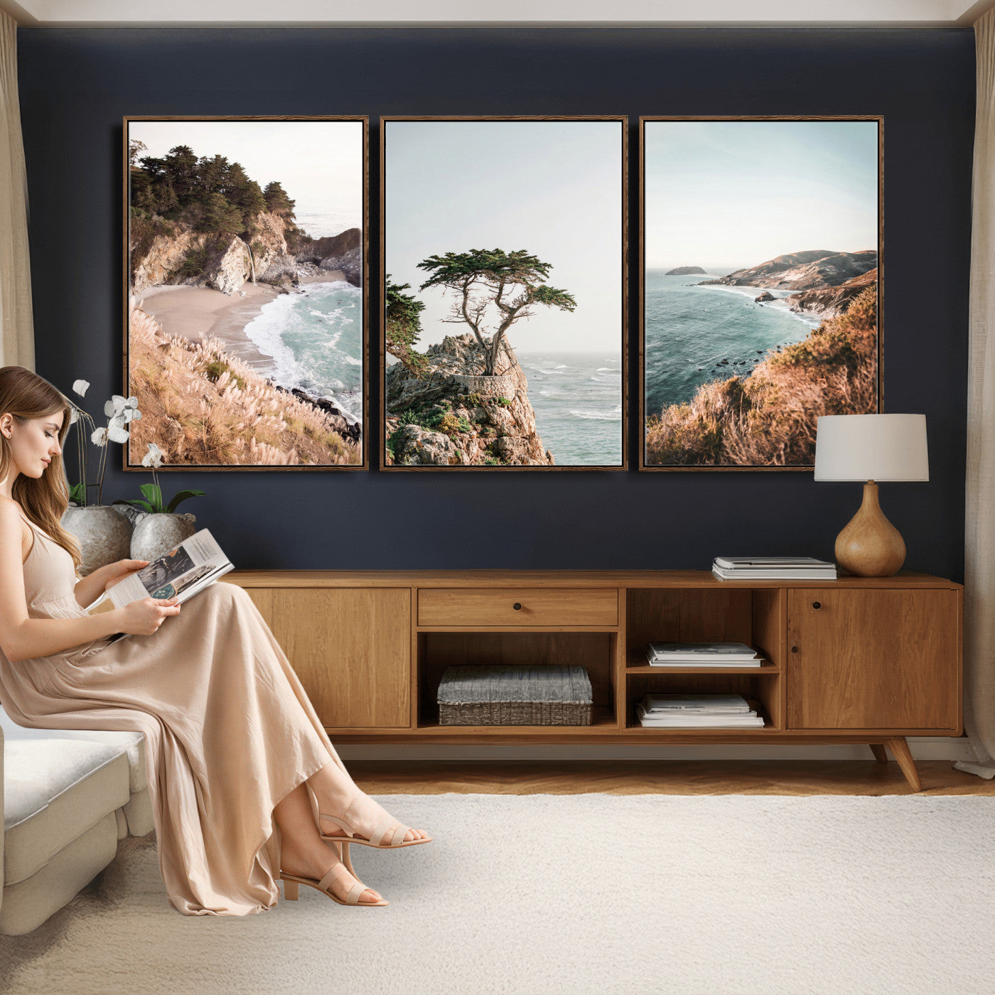 68839391G-MGV-CV-60X30-3P - California Coast Canvas Wall Art Set, Big Sur McWay Falls Lone Cypress Triptych Print, Coastal Photography Decor, Beach House Wall Art