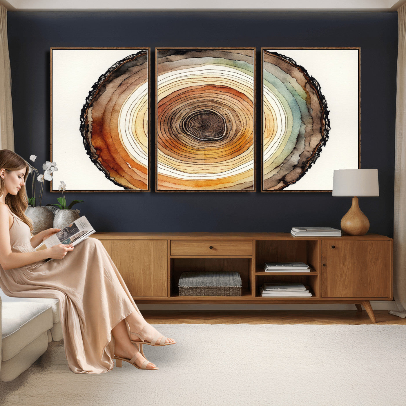 13719680-MGV-CV-36X24 - Natural Wood Slice Wall Art Canvas Print, Tree Ring Wall Art, Framed Abstract Nature Wall Decor, Earth Tone Statement Canvas Print