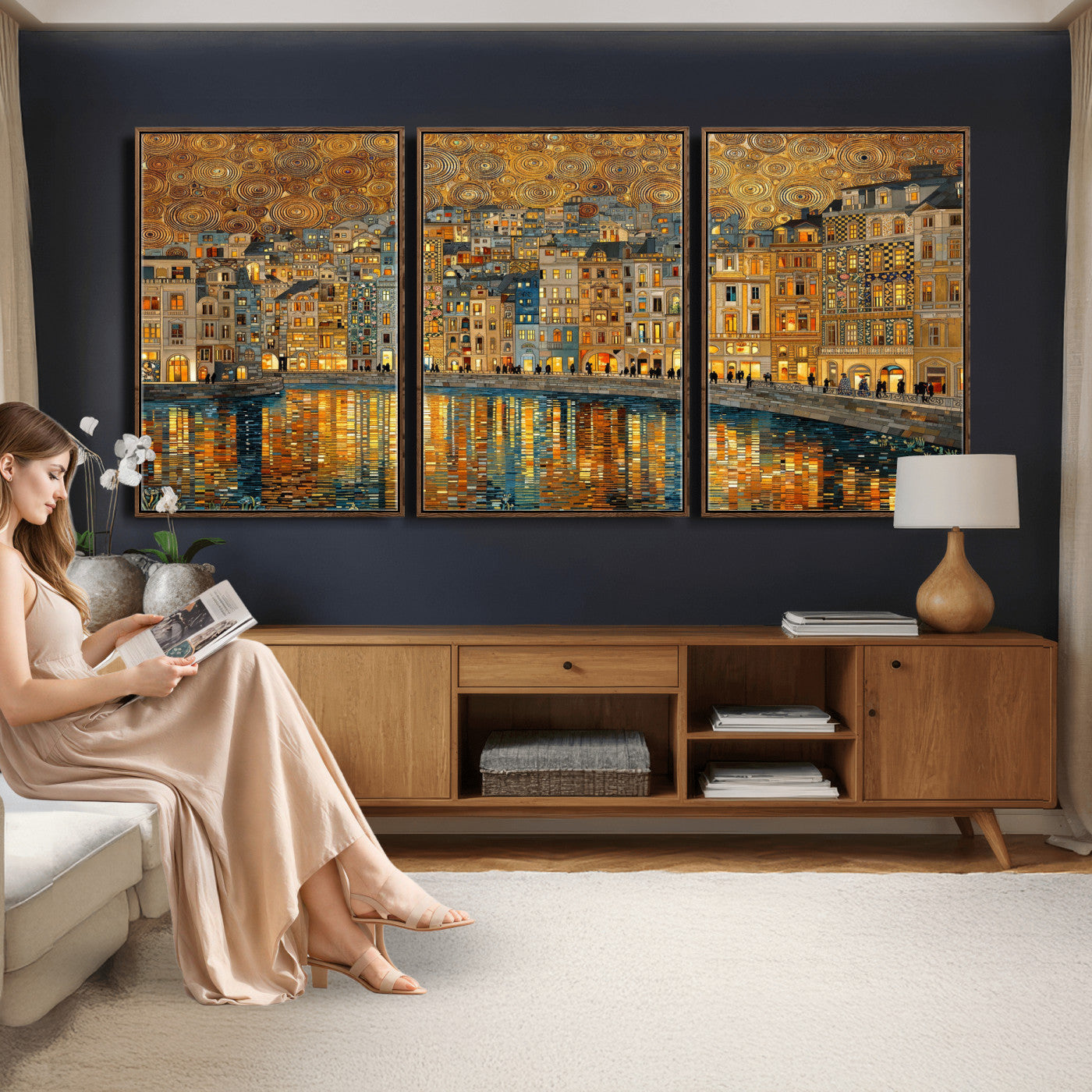 94022787-MGV-CV-36X24 - Gustav Klimt Golden Cityscape Wall Art Canvas Print, Framed River Town Landscape Artwork, Ornate Architecture Wall Decor for Living Room Bedroom Office