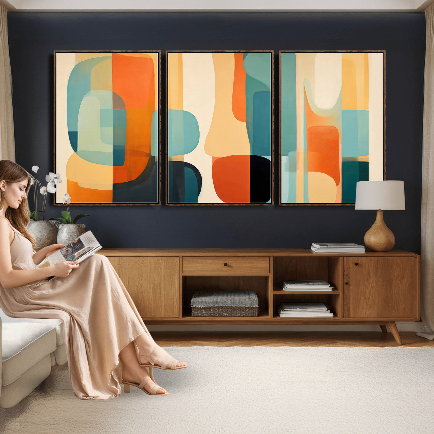 71488451-MGV-CV-60X30-3P - Abstract Geometric Wall Art Canvas Print, Mid Century Modern Wall Art, Abstract Wall Art Canvas Print for Living Room Bedroom Office