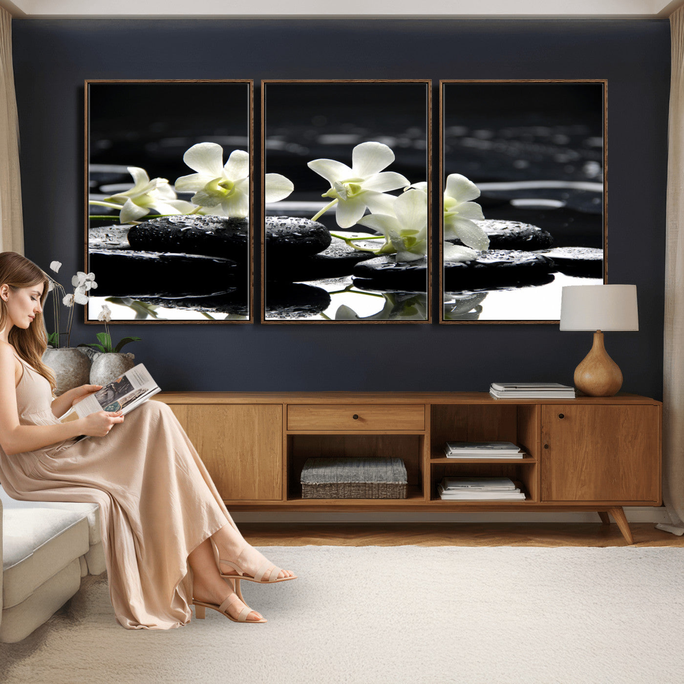 79486206-MGV-CV-36X24 - Plumeria Frangipani Black Stone Canvas | White Flower Spa Photography Print | Tropical Zen Wall Art | Grey Pebble Floral for Meditation Room Decor