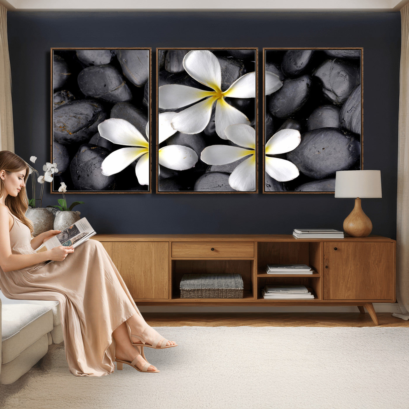 43639613-MGV-CV-36X24 - Plumeria Frangipani Black Stone Canvas | White Flower Spa Photography Print | Tropical Zen Wall Art | Grey Pebble Floral Decor