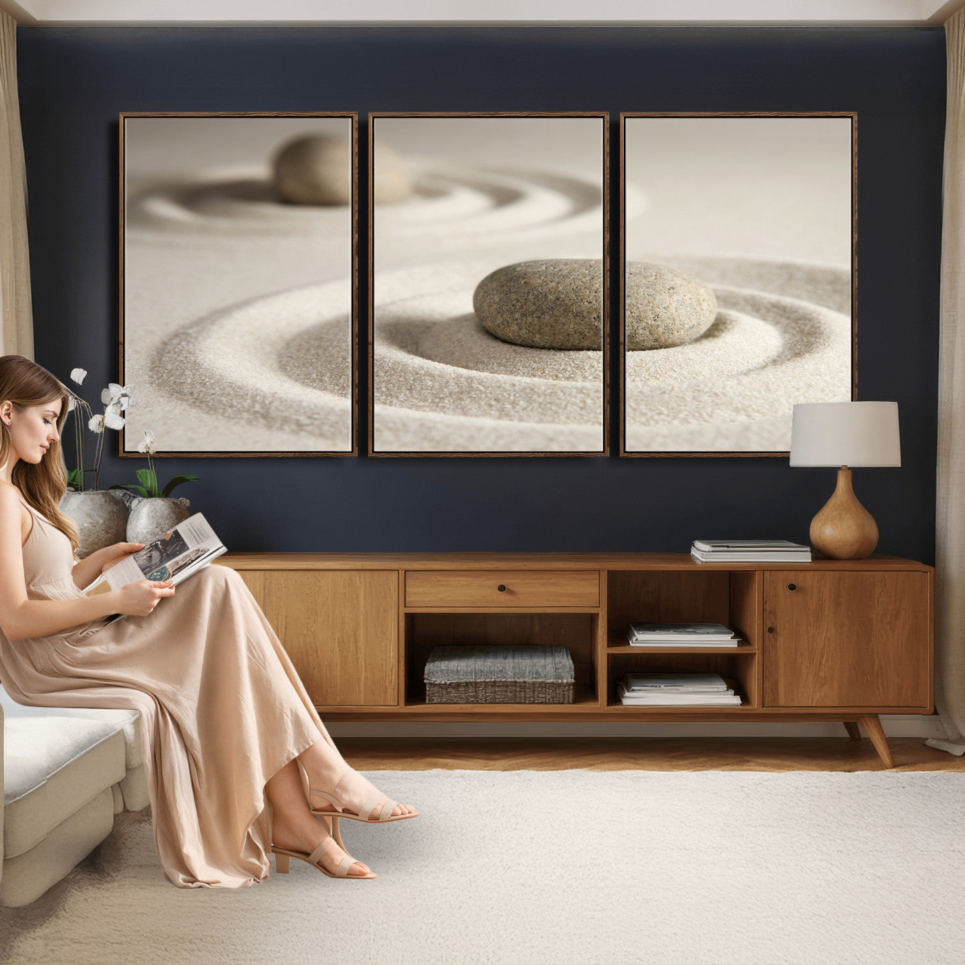 13397966-MGV-CV-36X24 - Zen Garden Stone Sand Canvas | Japanese Rock Garden Wall Art | Minimalist Meditation Print | Neutral Beige Mindfulness Decor