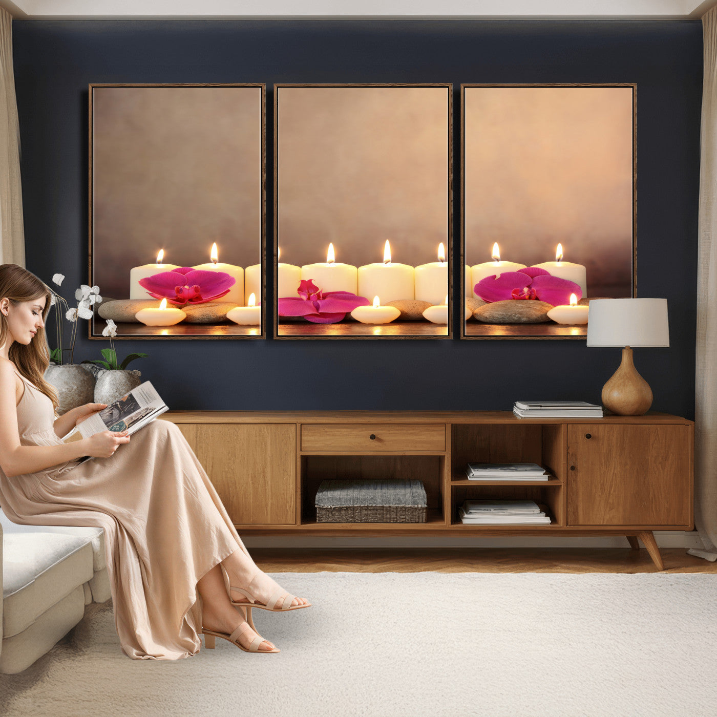 59470569-MGV-CV-36X24 - Spa Candles Orchid Canvas Print | Zen Wellness Relaxation Wall Art | Pink Flower Candlelight Bathroom Decor | Calm Beige Photography