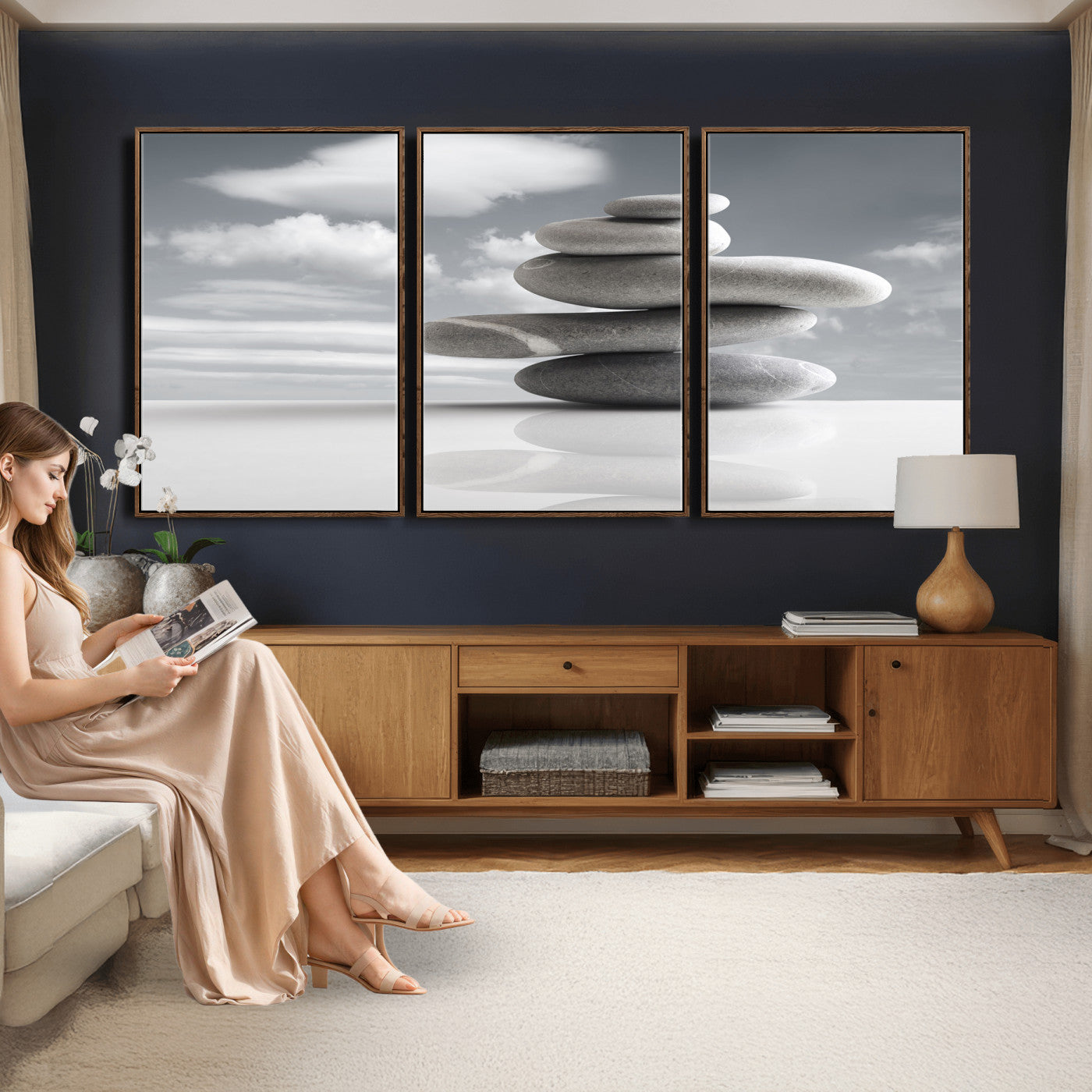 86426188-MGV-CV-36X24 - Zen Stone Wall Art Canvas Print, Balanced Rock Stack Framed Spa Artwork, Minimalist Meditation Decor for Living Room Bedroom Office Bathroom