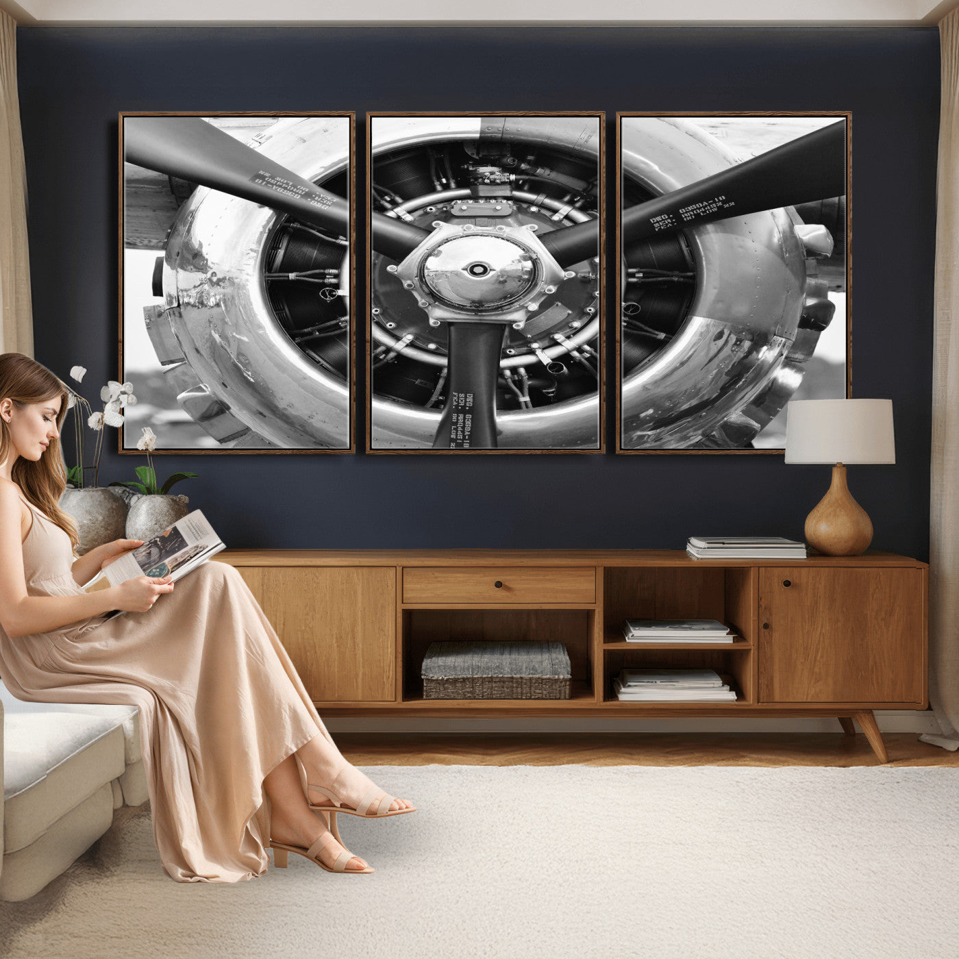 73322230-MGV-CV-36X24 - Vintage Propeller Plane Wall Art Canvas Print, Black and White Airplane Engine Close Up Framed Aviation Artwork for Pilot Office Hangar Decor
