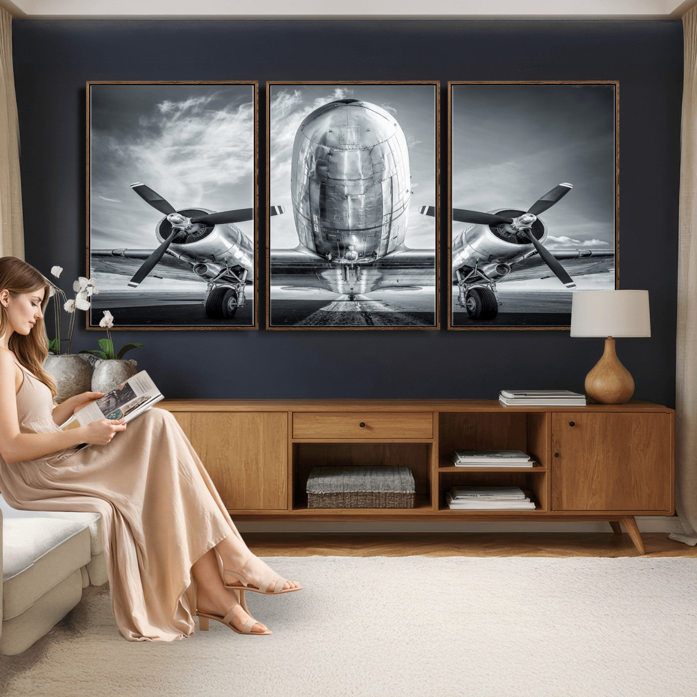59729636-MGV-CV-36X24 - Vintage Propeller Plane Wall Art Canvas Print, Black and White Airplane Engine Close Up Framed Aviation Artwork for Pilot Office Hangar Decor
