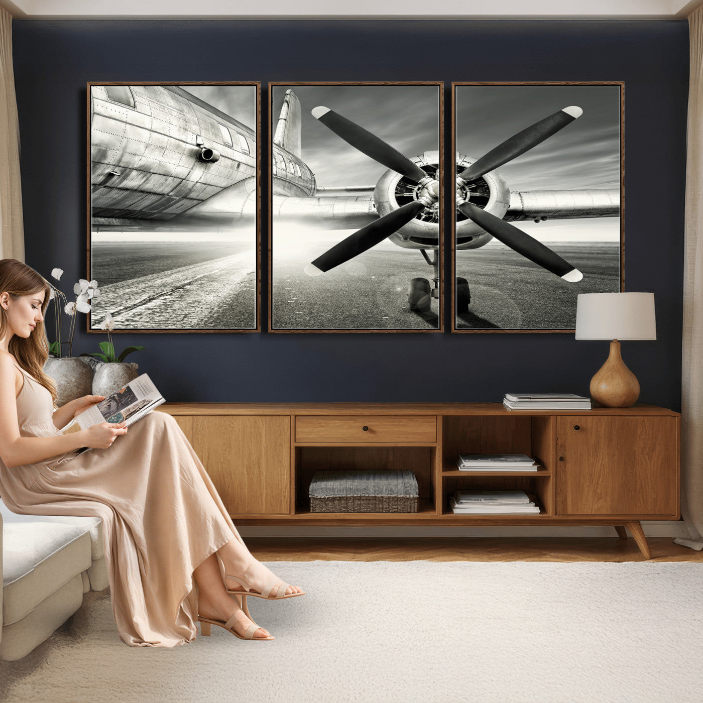 16420255-MGV-CV-36X24 - Vintage Airplane Wall Art Canvas Print, Black and White Propeller Aircraft Framed Aviation Artwork for Pilot Office Hangar Living Room Decor