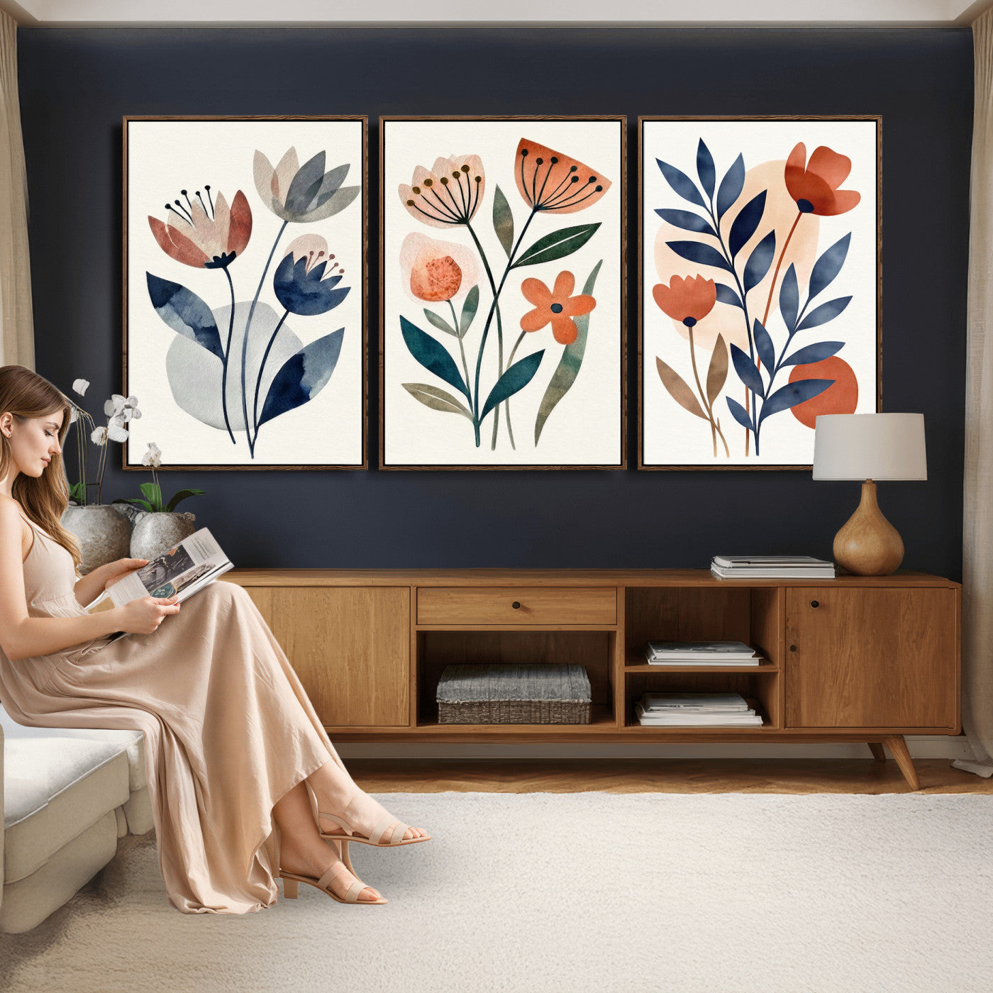 64426285-MGV-CV-60X30-3P - Watercolor Botanical Canvas Wall Art Set, Navy Terracotta Floral Triptych Print, Minimalist Flower Decor, Boho Living Room Art, Scandinavian Nature Print