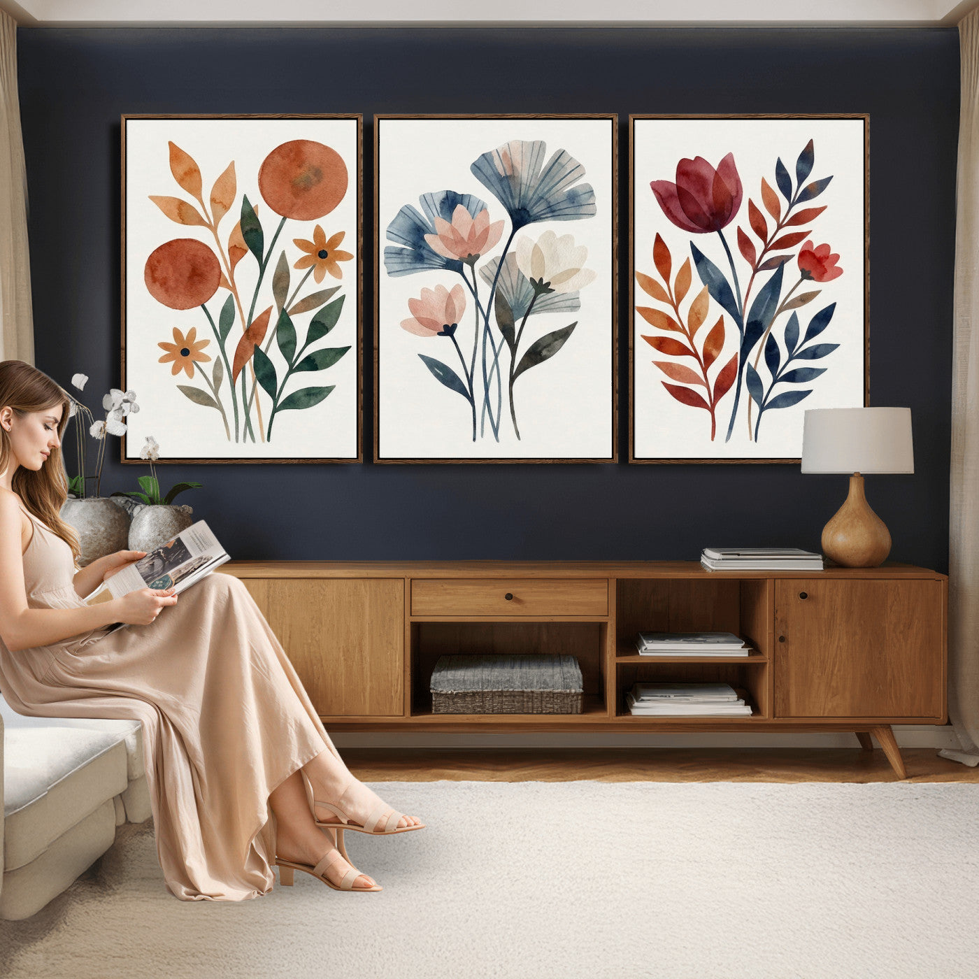 95190931-MGV-CV-60X30-3P - Watercolor Botanical Canvas Wall Art Set, Navy Terracotta Floral Triptych Print, Minimalist Flower Decor, Boho Living Room Art, Scandinavian Nature Print