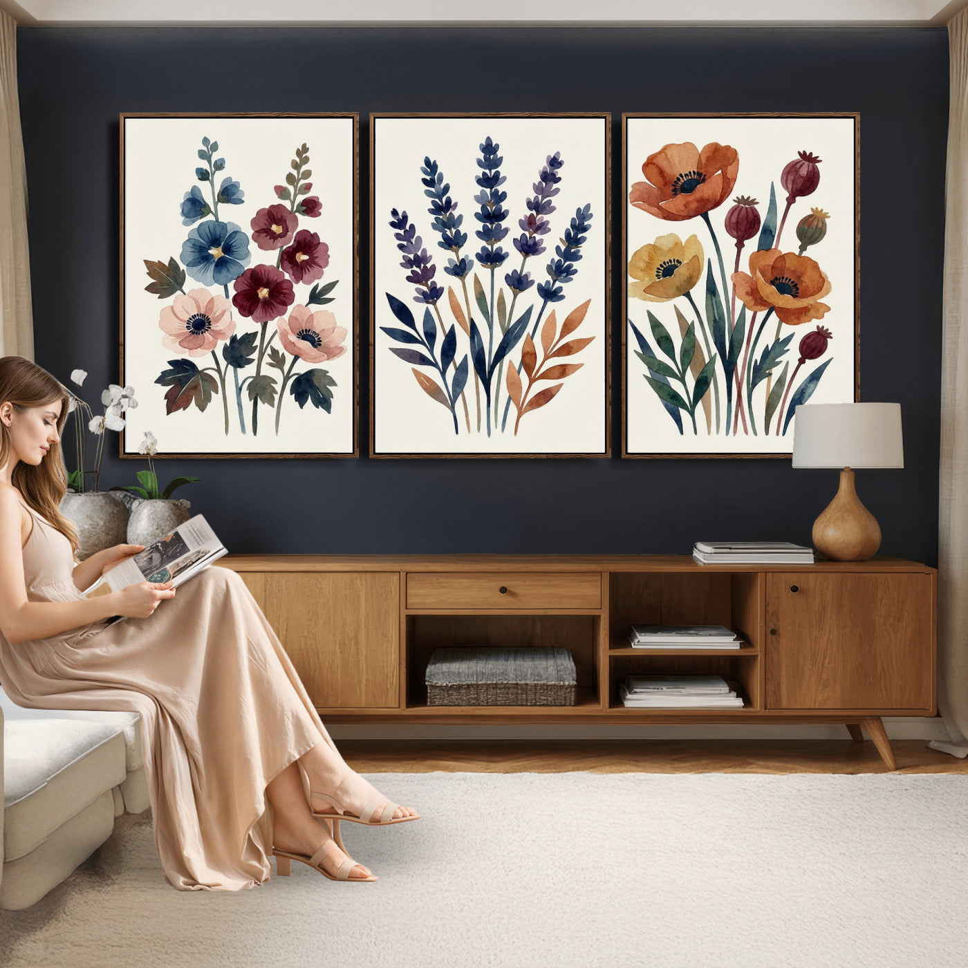 66468390-MGV-CV-60X30-3P - Watercolor Botanical Canvas Wall Art Set, Navy Terracotta Floral Triptych Print, Minimalist Flower Decor, Boho Living Room Art, Scandinavian Nature Print